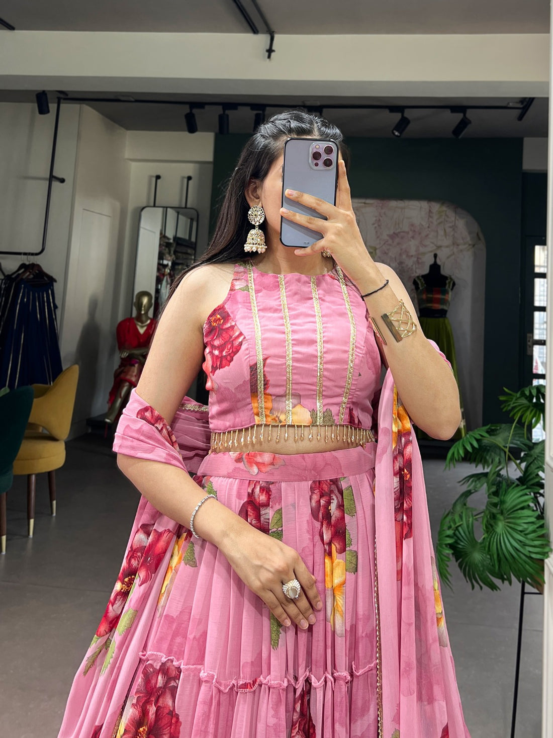 Women’s Floral Print Chiffon Lehenga Choli Set with Lace Work & Dupatta