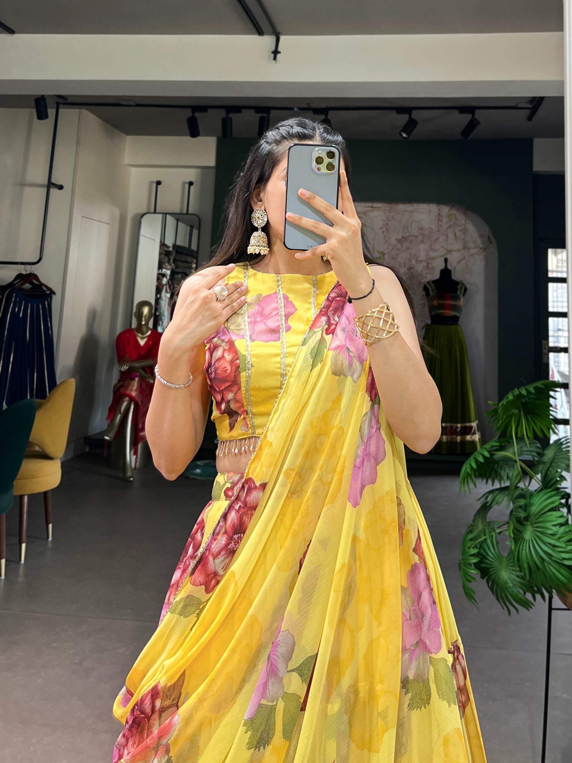 Women’s Floral Print Chiffon Lehenga Choli Set with Lace Work & Dupatta