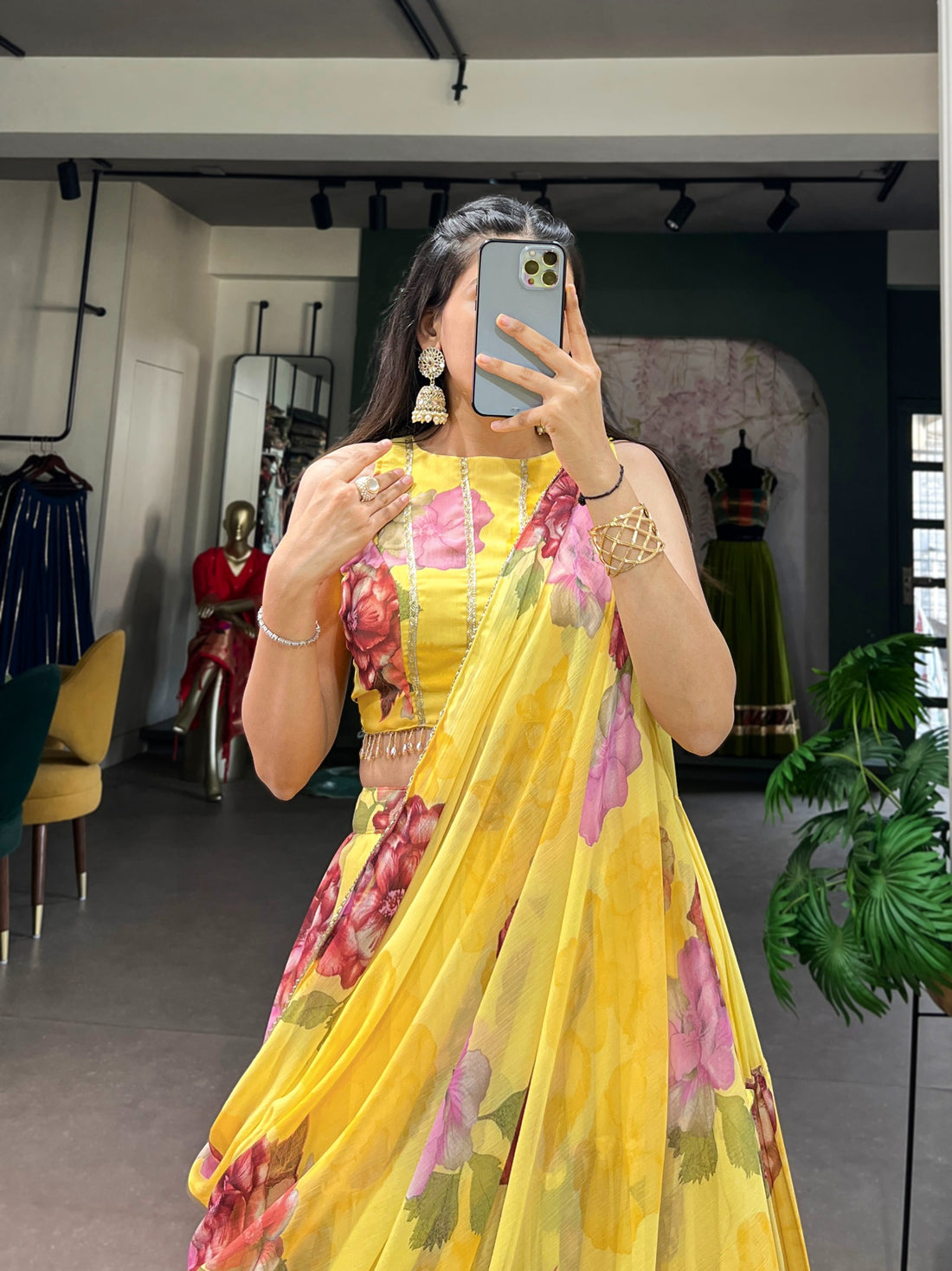 Women’s Floral Print Chiffon Lehenga Choli Set with Lace Work & Dupatta