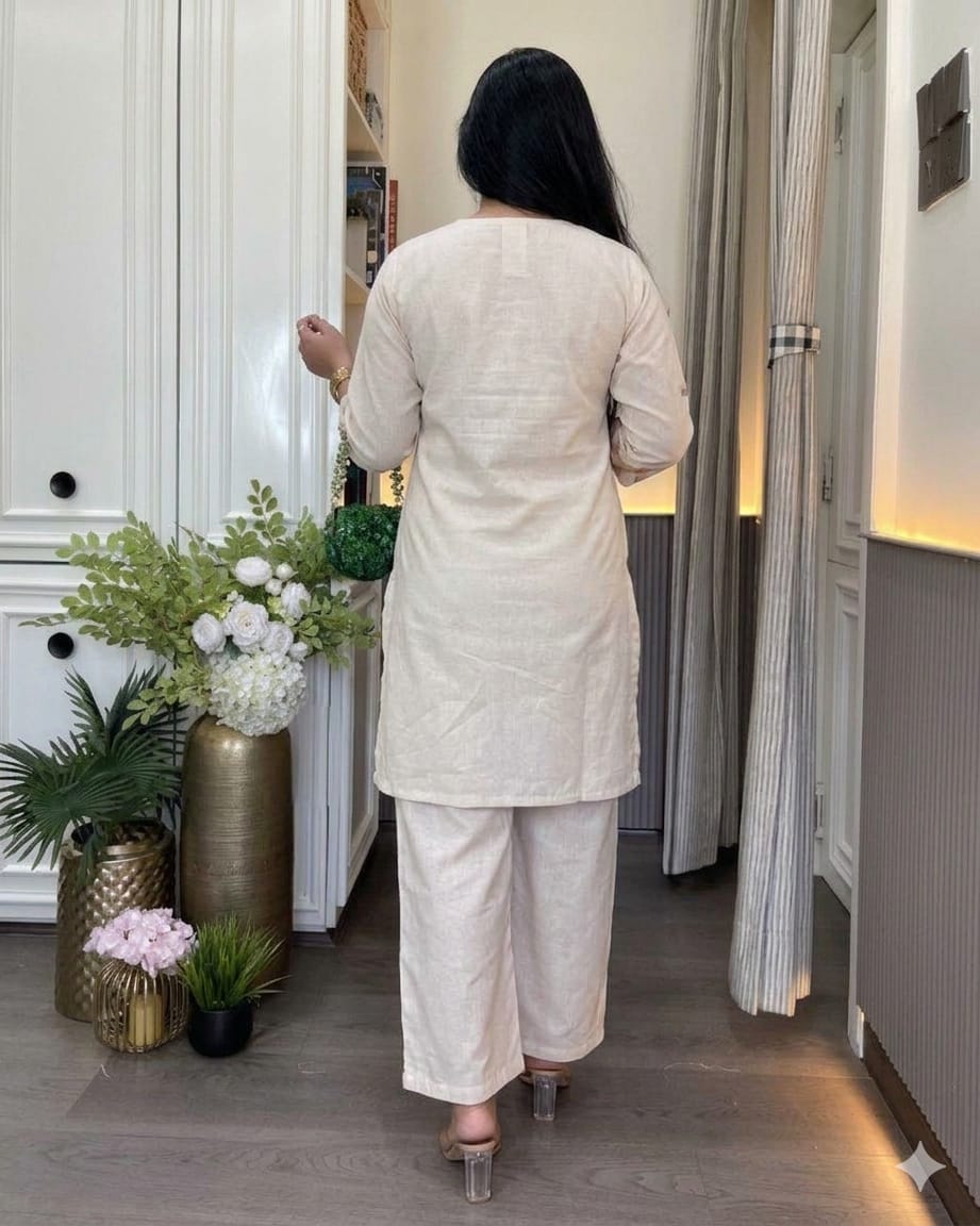 Women’s Pure Linen Cotton Co-Ord Set with Sequence Embroidery Work