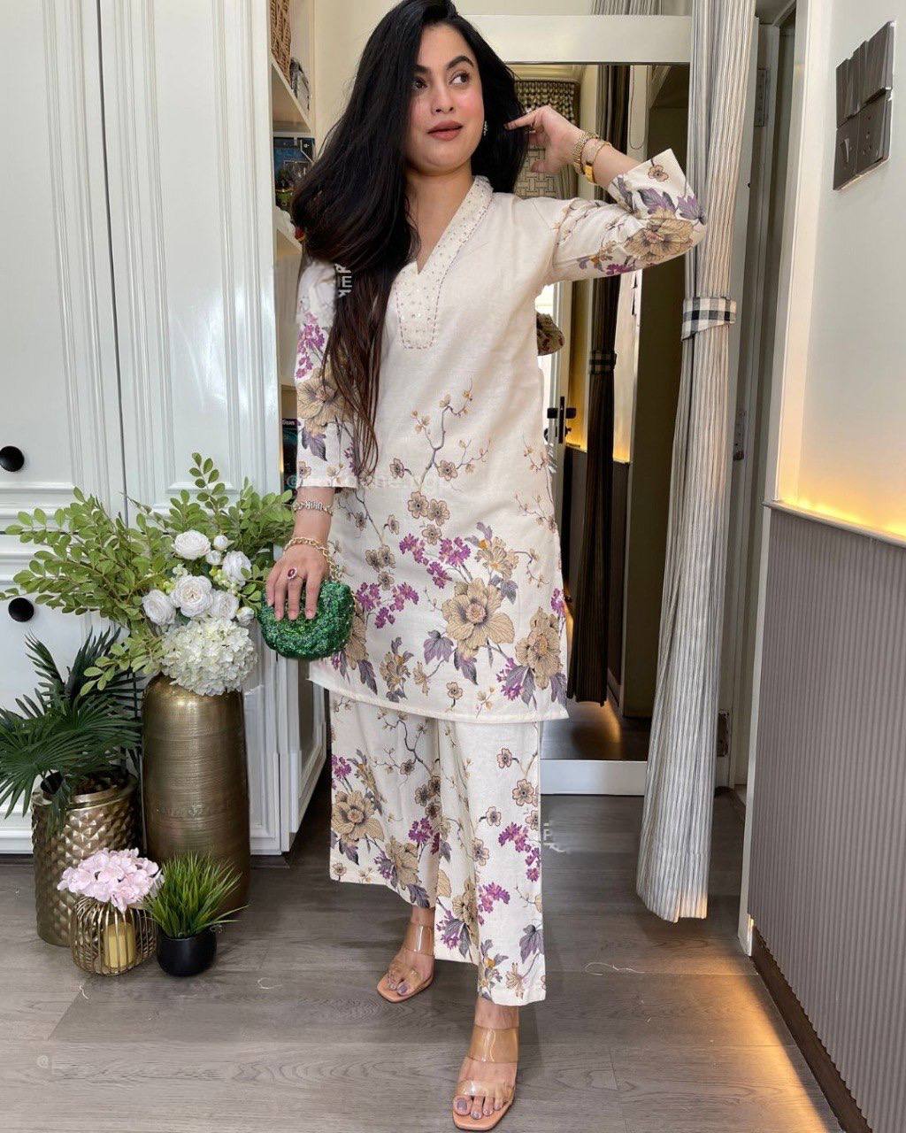 Women’s Pure Linen Cotton Co-Ord Set with Sequence Embroidery Work