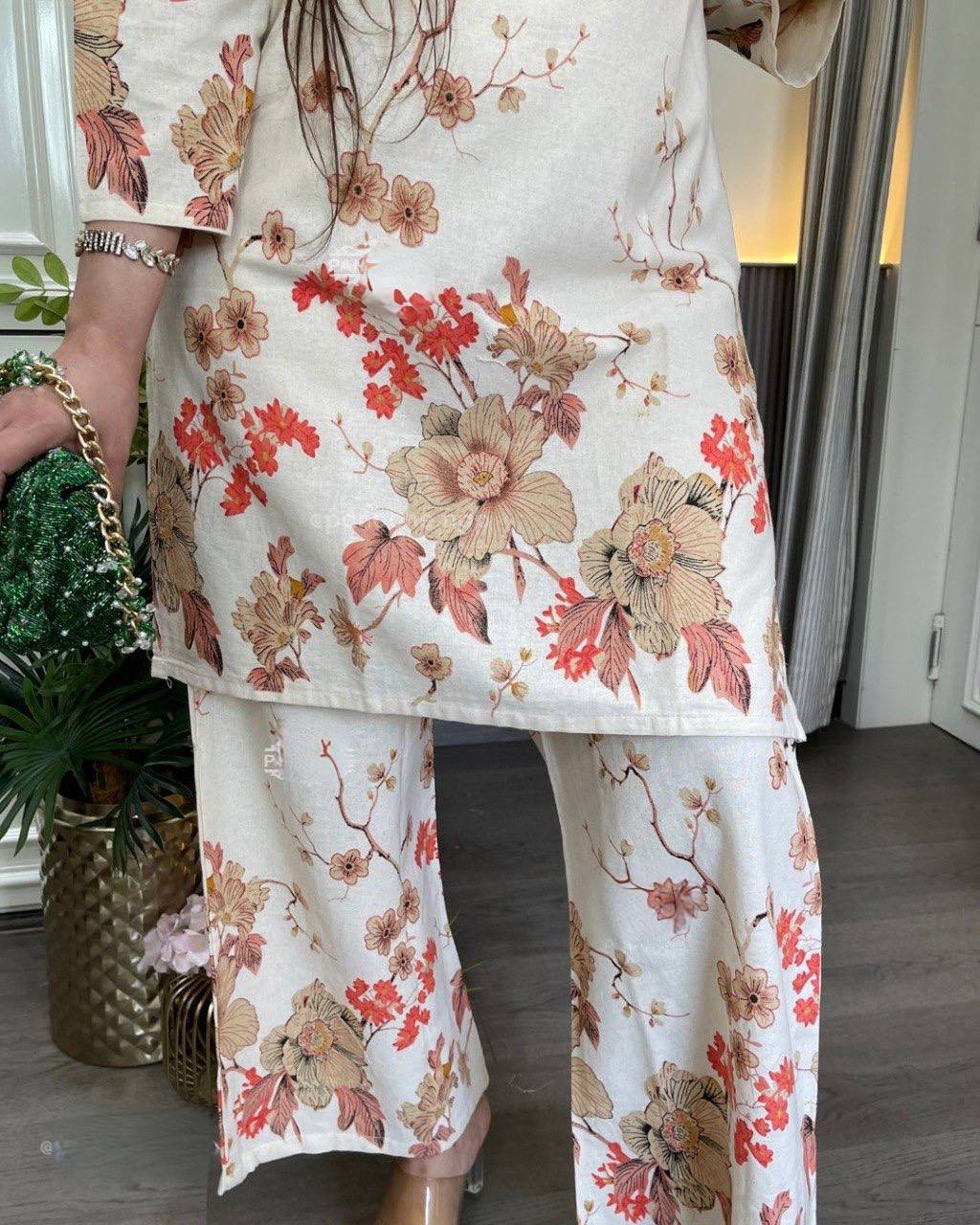 Women’s Pure Linen Cotton Co-Ord Set with Sequence Embroidery Work