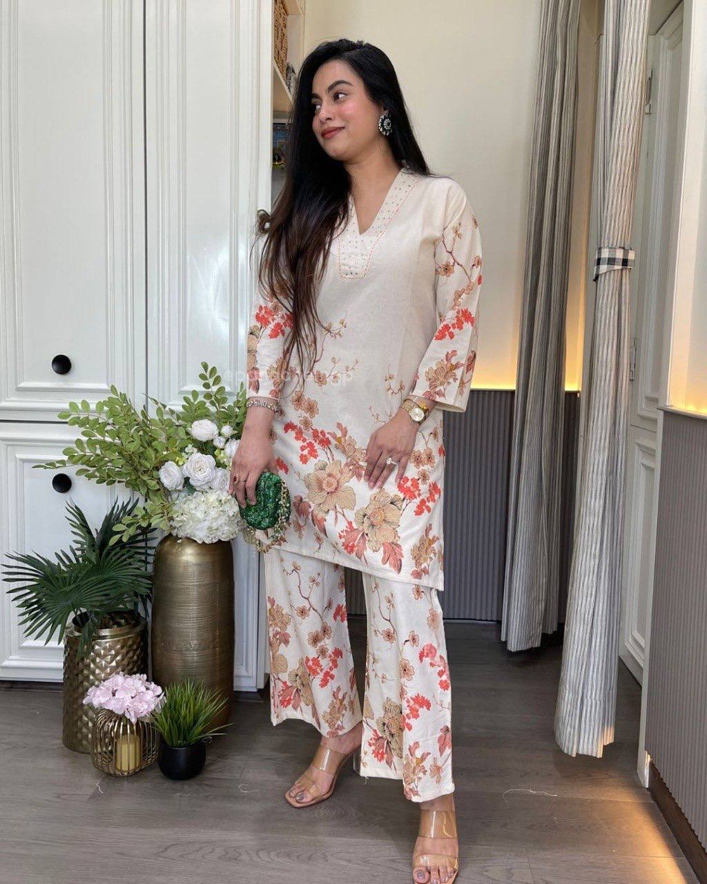 Women’s Pure Linen Cotton Co-Ord Set with Sequence Embroidery Work