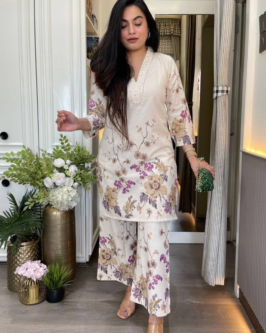 Women’s Pure Linen Cotton Co-Ord Set with Sequence Embroidery Work