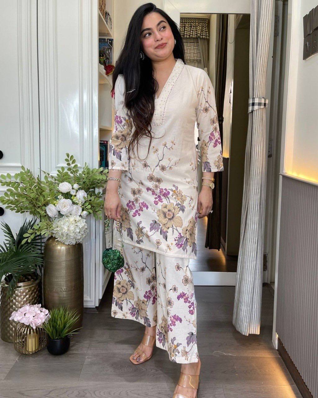 Women’s Pure Linen Cotton Co-Ord Set with Sequence Embroidery Work