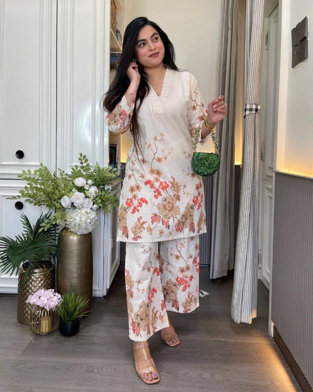 Women’s Pure Linen Cotton Co-Ord Set with Sequence Embroidery Work