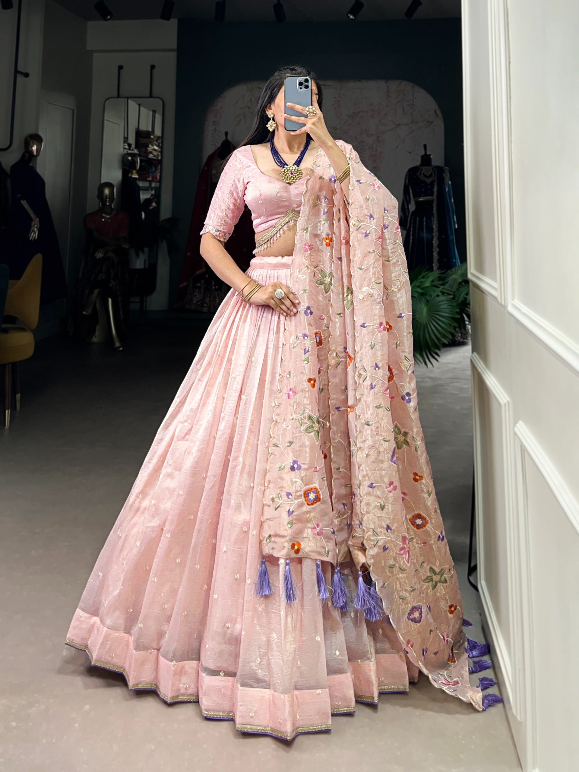 Women’s Gold Crush Lehenga Choli Set with Sequins & Thread Embroidery