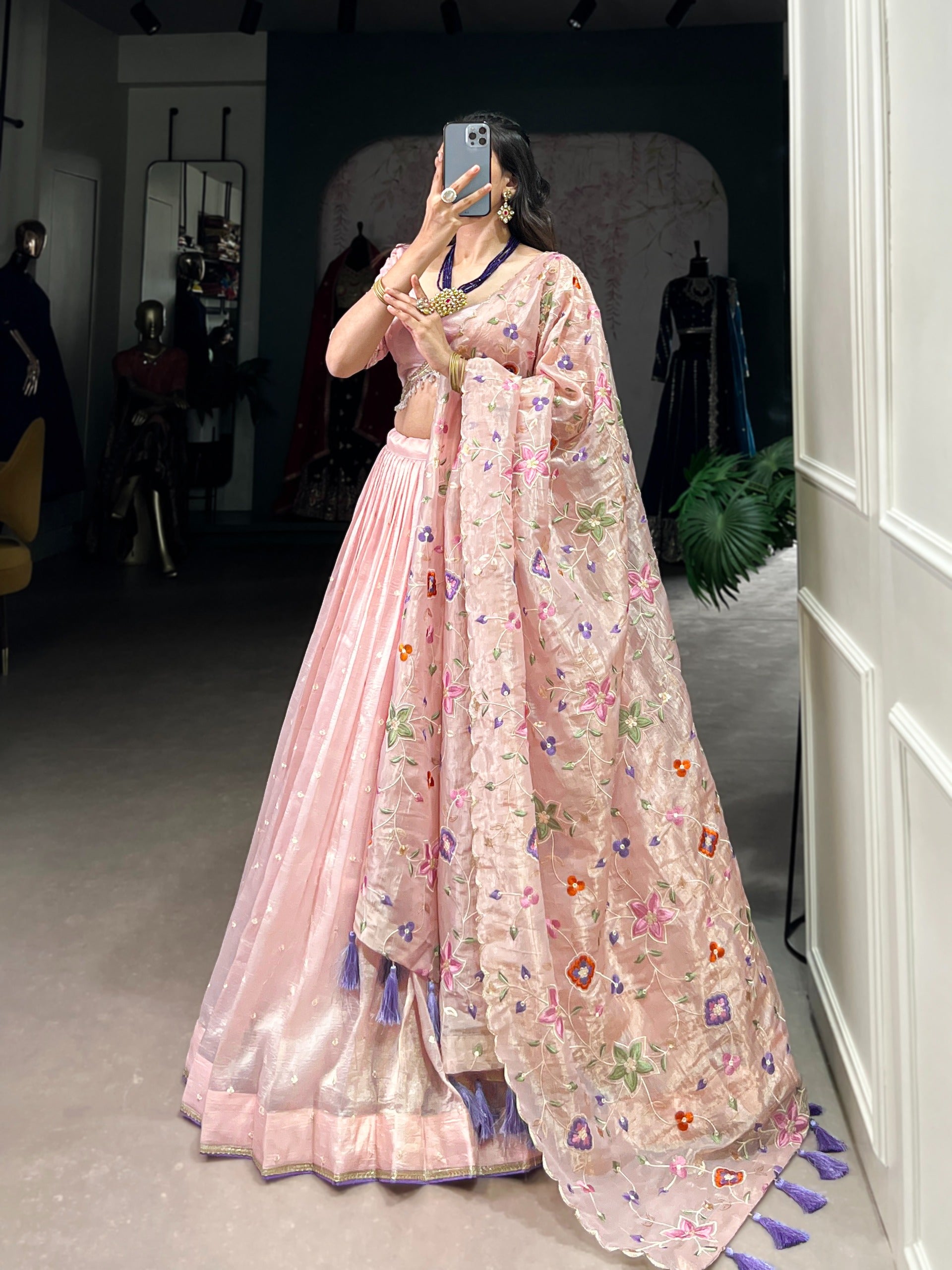 Women’s Gold Crush Lehenga Choli Set with Sequins & Thread Embroidery
