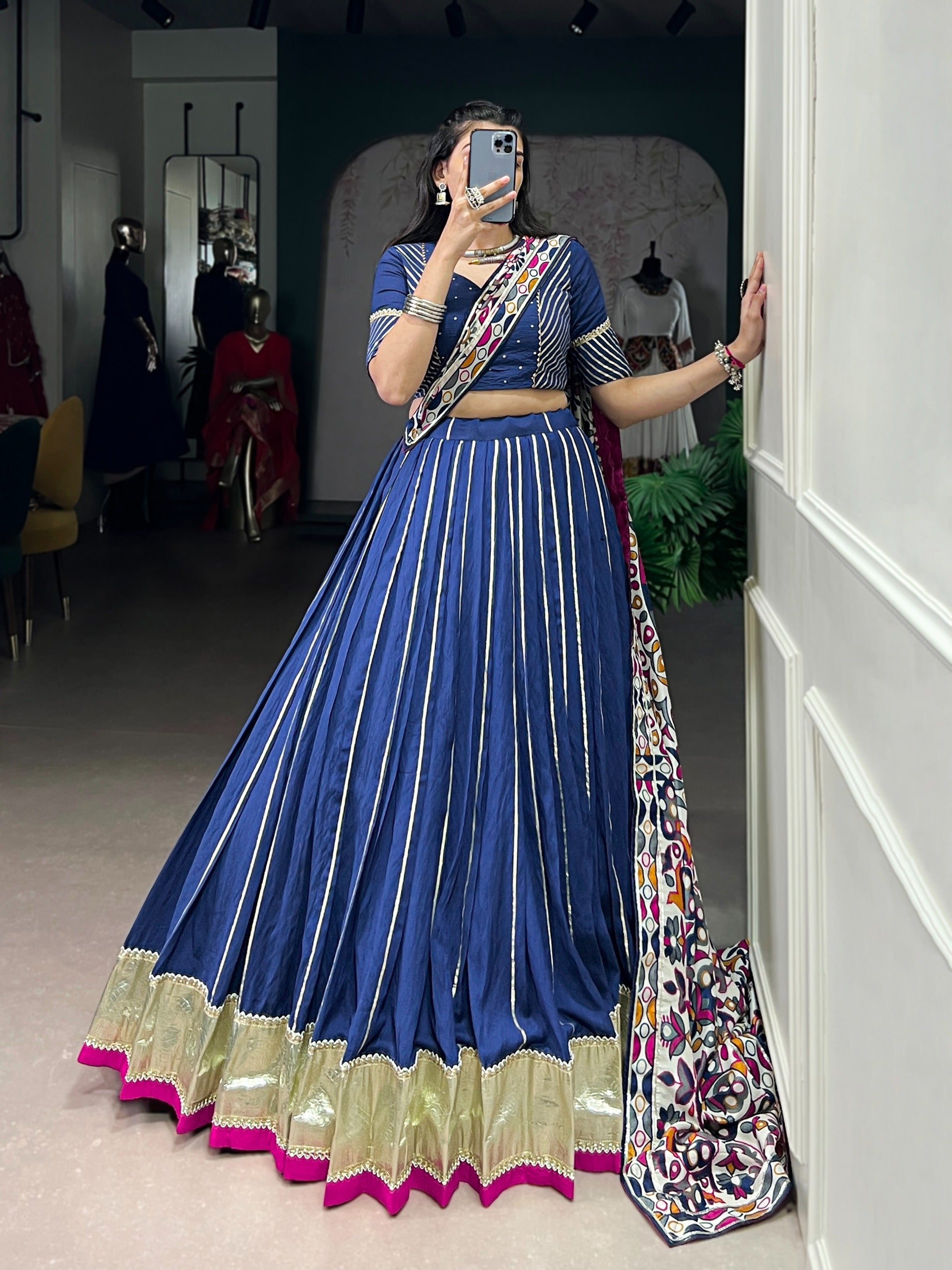 Women’s Pure Chanderi Lehenga Choli Set with Zari Weaving & Tasar Silk Dupatta