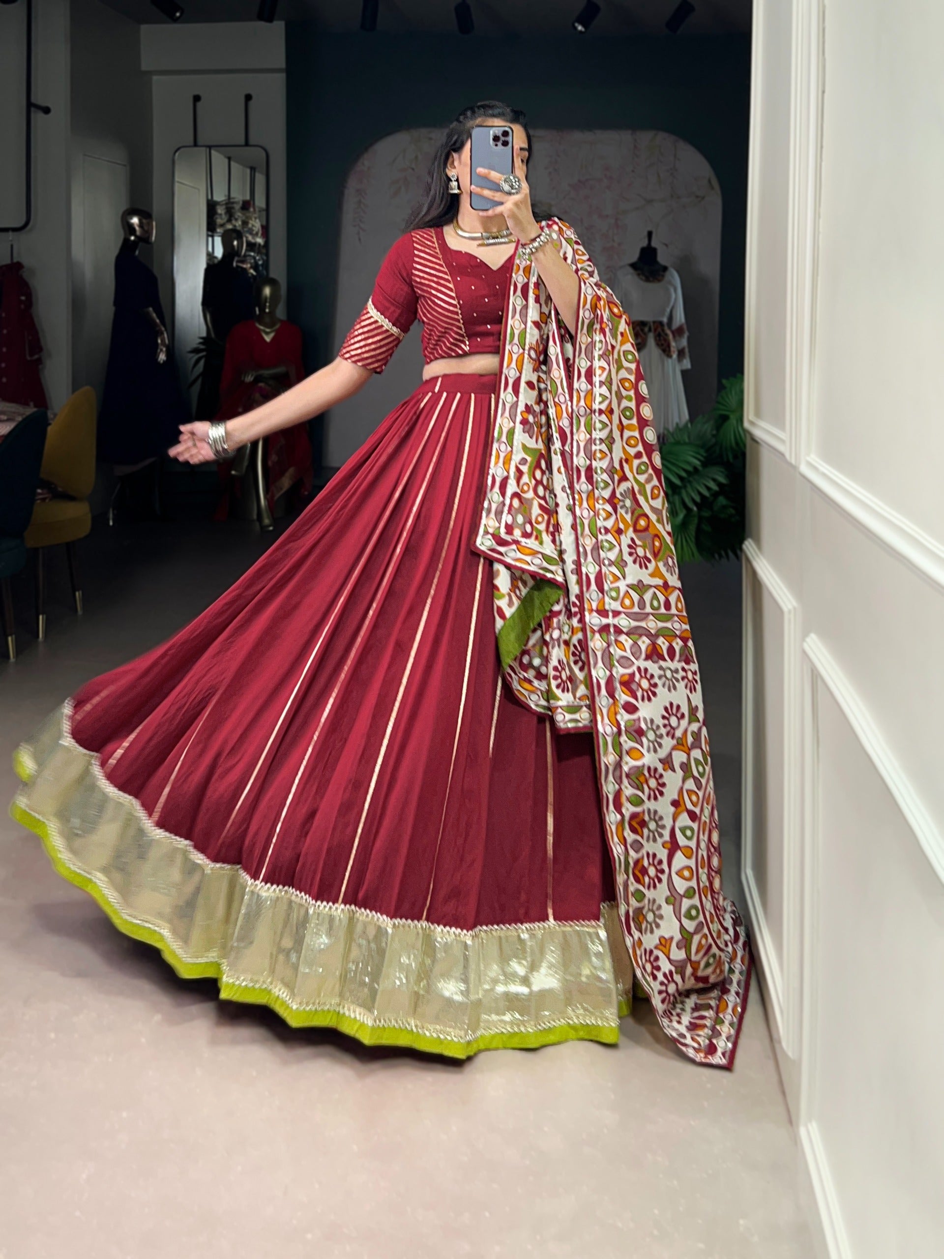 Women’s Pure Chanderi Lehenga Choli Set with Zari Weaving & Tasar Silk Dupatta