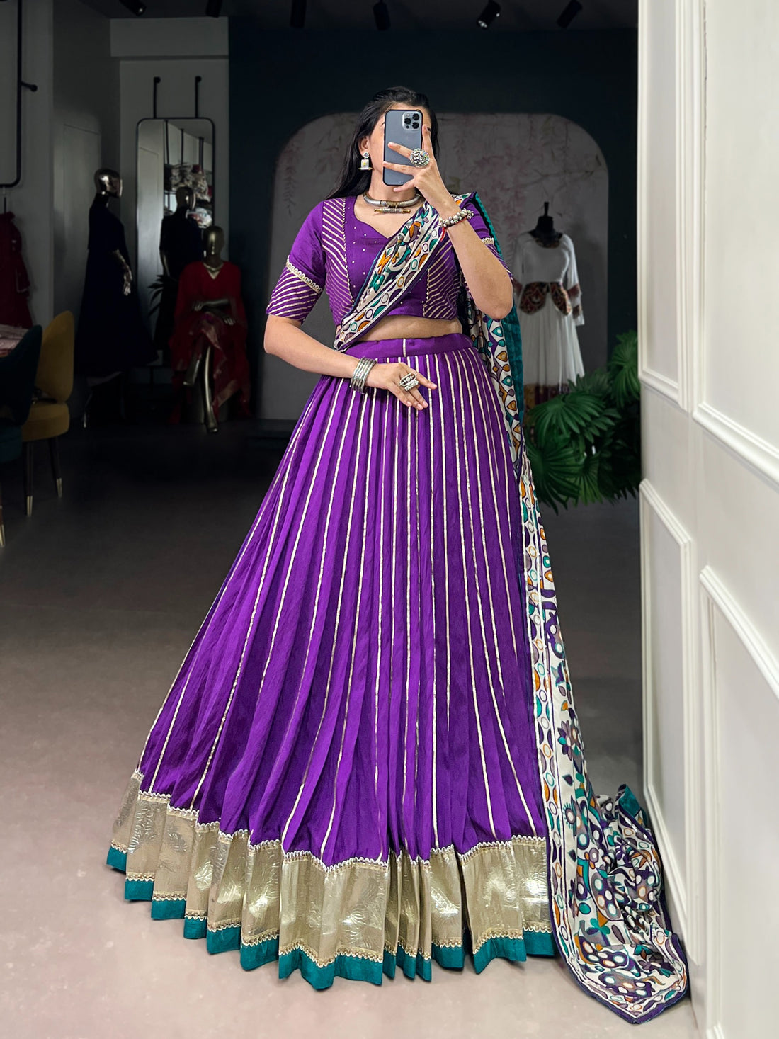 Women’s Pure Chanderi Lehenga Choli Set with Zari Weaving & Tasar Silk Dupatta