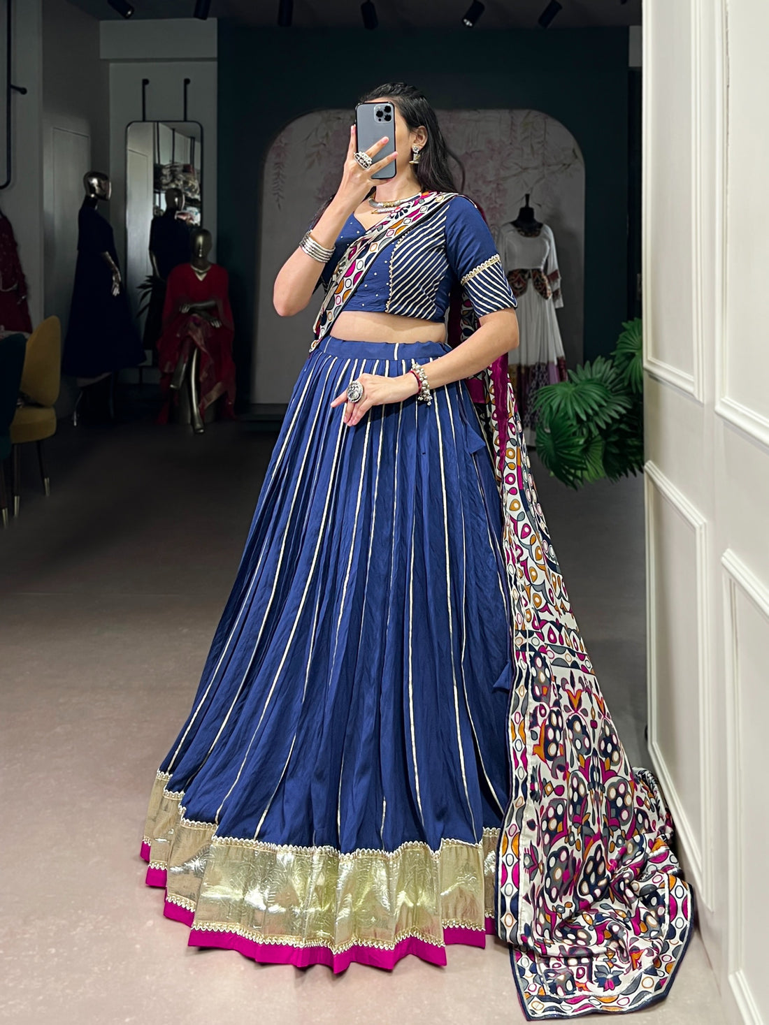 Women’s Pure Chanderi Lehenga Choli Set with Zari Weaving & Tasar Silk Dupatta