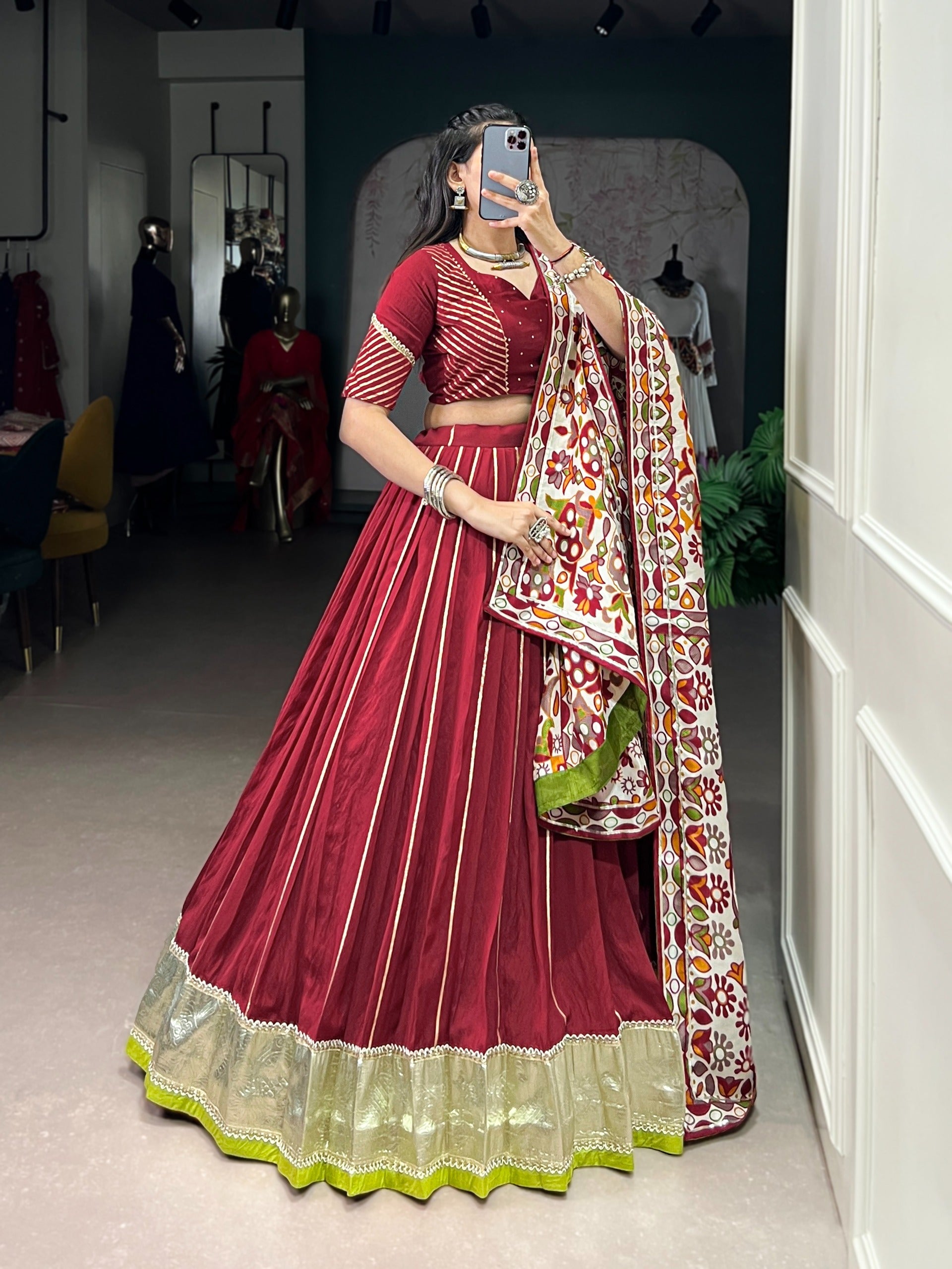 Women’s Pure Chanderi Lehenga Choli Set with Zari Weaving & Tasar Silk Dupatta