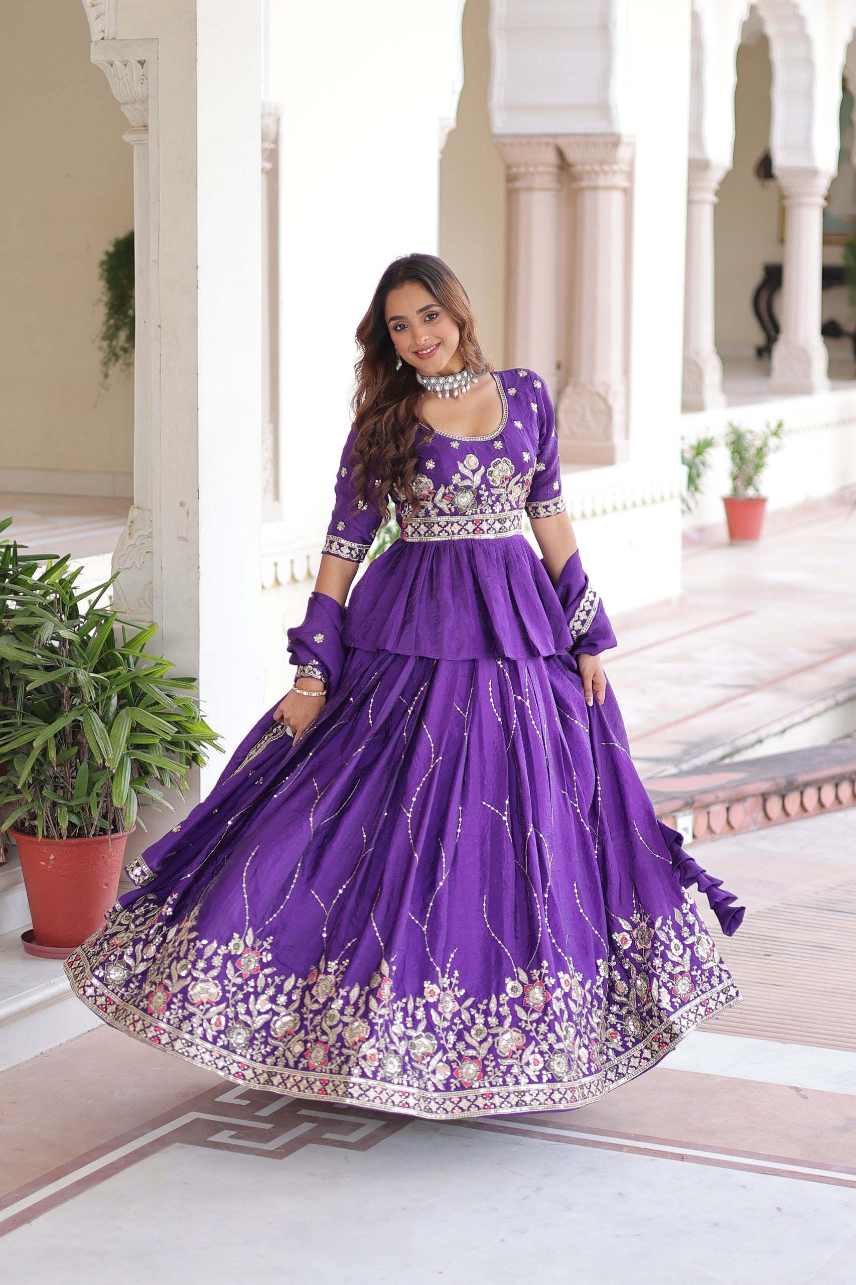 Women’s Purpule Crush Lehenga Choli Set with Multi Thread Zari Sequins Embroidery SurMira Fashion
