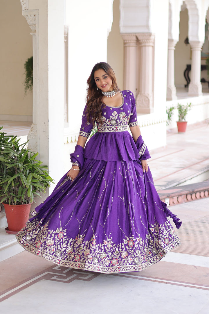 Women’s Purpule Crush Lehenga Choli Set with Multi Thread Zari Sequins Embroidery SurMira Fashion