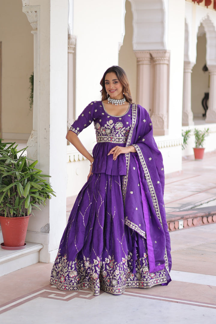Women’s Purpule Crush Lehenga Choli Set with Multi Thread Zari Sequins Embroidery SurMira Fashion