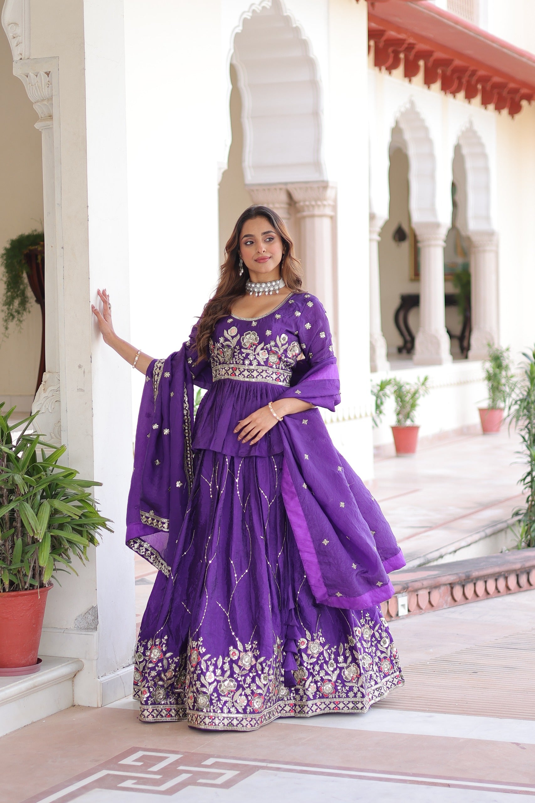 Women’s Purpule Crush Lehenga Choli Set with Multi Thread Zari Sequins Embroidery SurMira Fashion