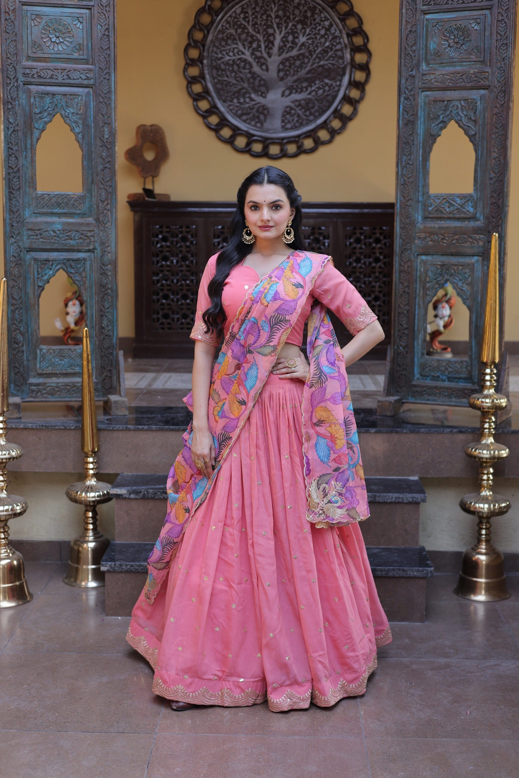 Women’s Cosmos Silk Lehenga Choli Set with Zari Sequins Embroidery & Printed Tabby Silk Dupatta SurMira Fashion