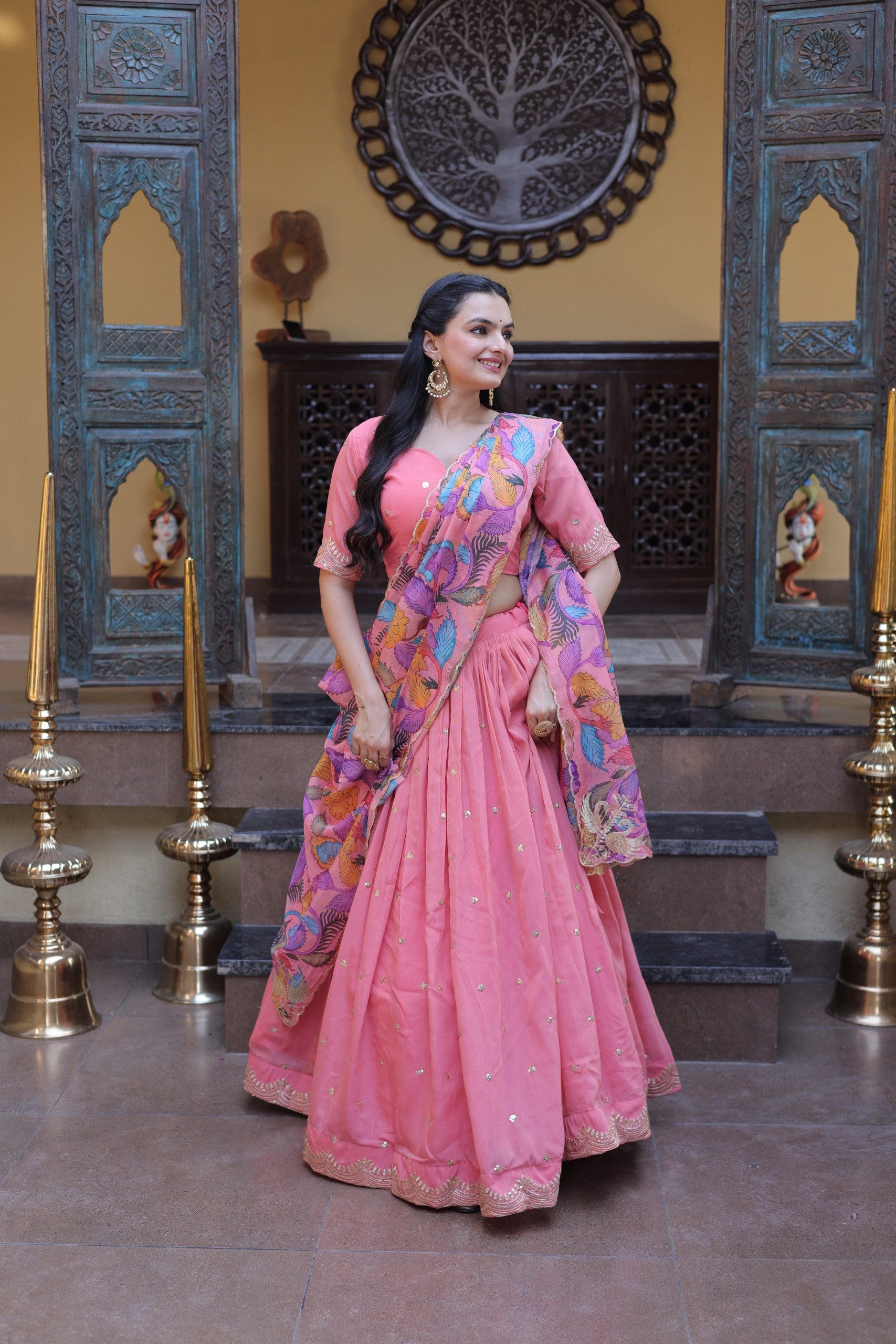 Women’s Cosmos Silk Lehenga Choli Set with Zari Sequins Embroidery & Printed Tabby Silk Dupatta SurMira Fashion