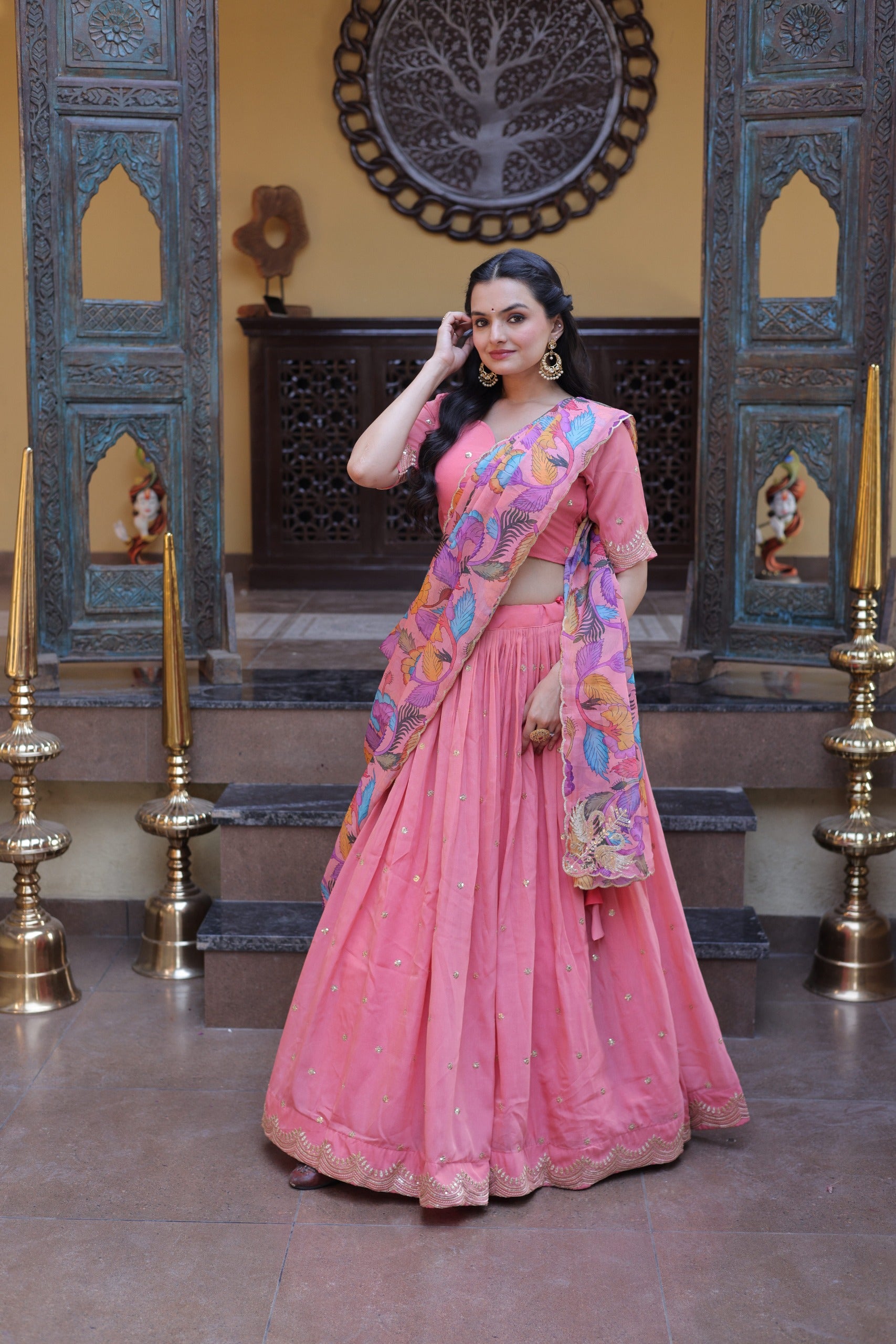 Women’s Cosmos Silk Lehenga Choli Set with Zari Sequins Embroidery & Printed Tabby Silk Dupatta SurMira Fashion