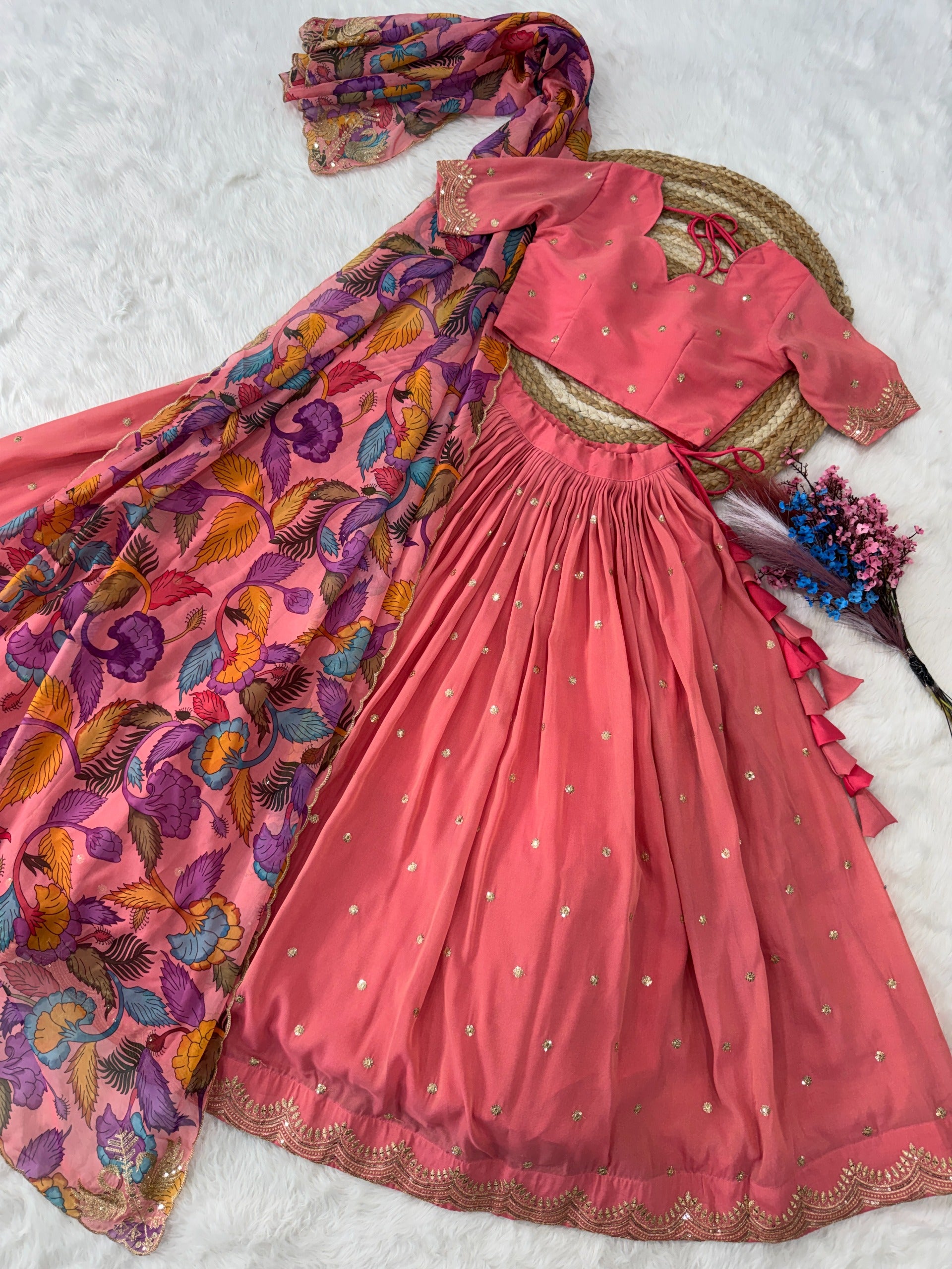 Women’s Cosmos Silk Lehenga Choli Set with Zari Sequins Embroidery & Printed Tabby Silk Dupatta SurMira Fashion
