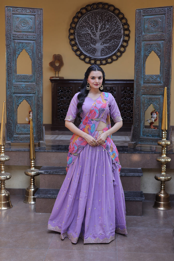 Women’s Cosmos Silk Lehenga Choli Set with Zari Sequins Embroidery & Printed Tabby Silk Dupatta SurMira Fashion