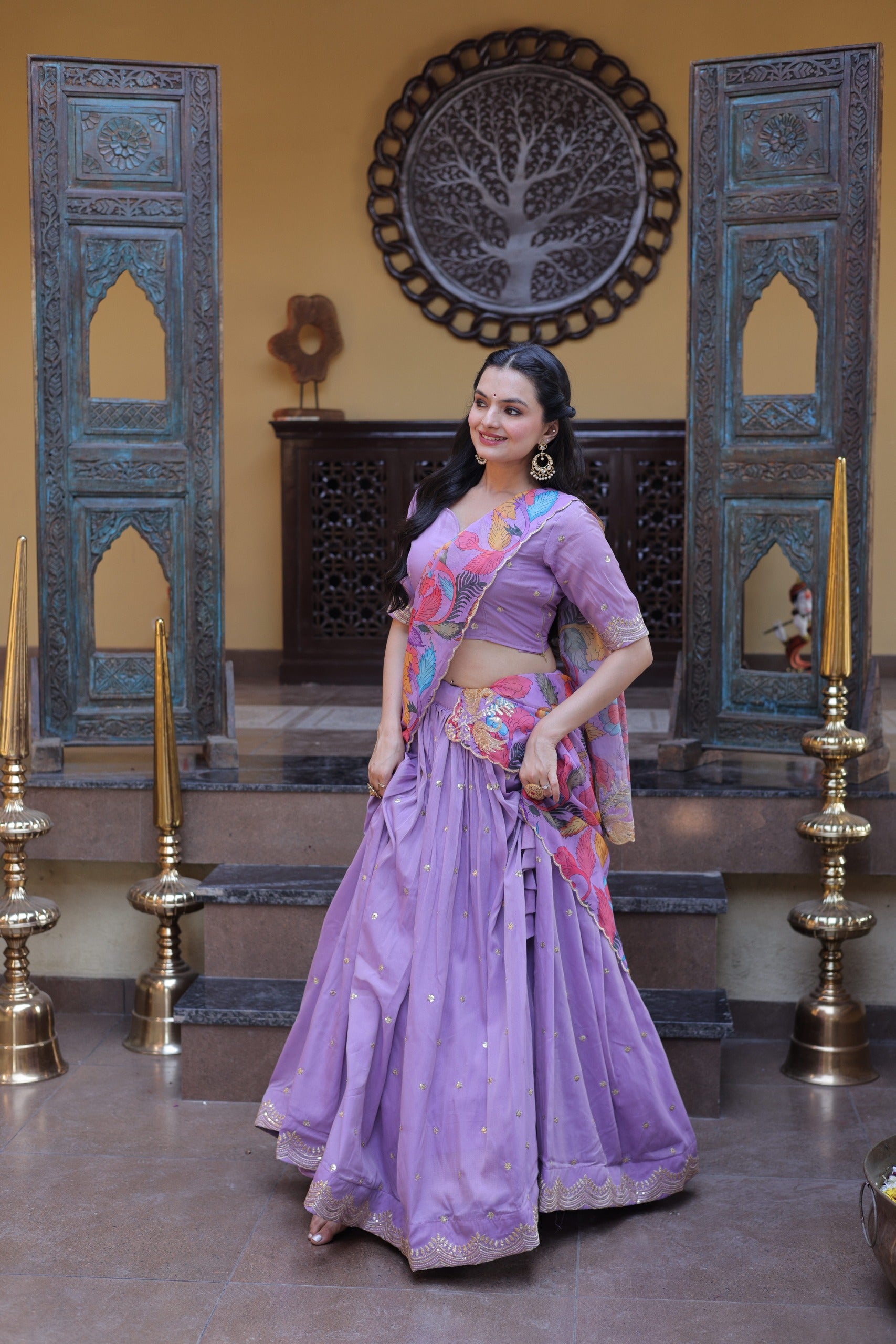 Women’s Cosmos Silk Lehenga Choli Set with Zari Sequins Embroidery & Printed Tabby Silk Dupatta SurMira Fashion
