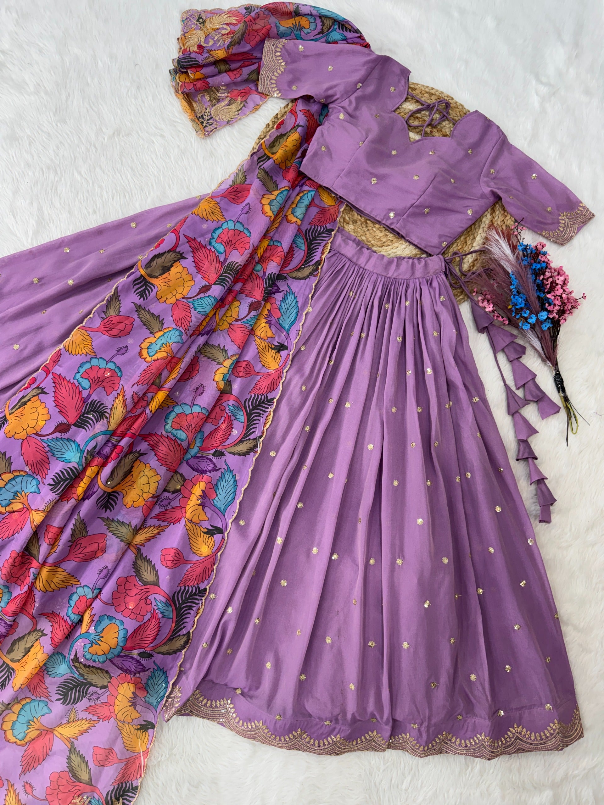 Women’s Cosmos Silk Lehenga Choli Set with Zari Sequins Embroidery & Printed Tabby Silk Dupatta SurMira Fashion
