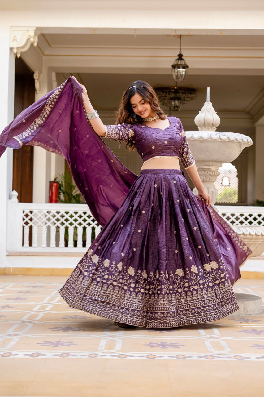 Women’s Gold Crush Lehenga Choli Set with Heavy Embroidery & Dupatta SurMira Fashion
