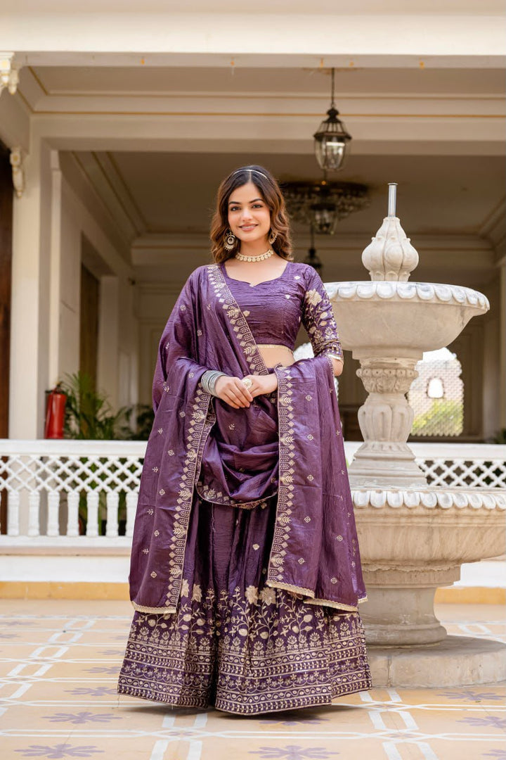 Women’s Gold Crush Lehenga Choli Set with Heavy Embroidery & Dupatta SurMira Fashion