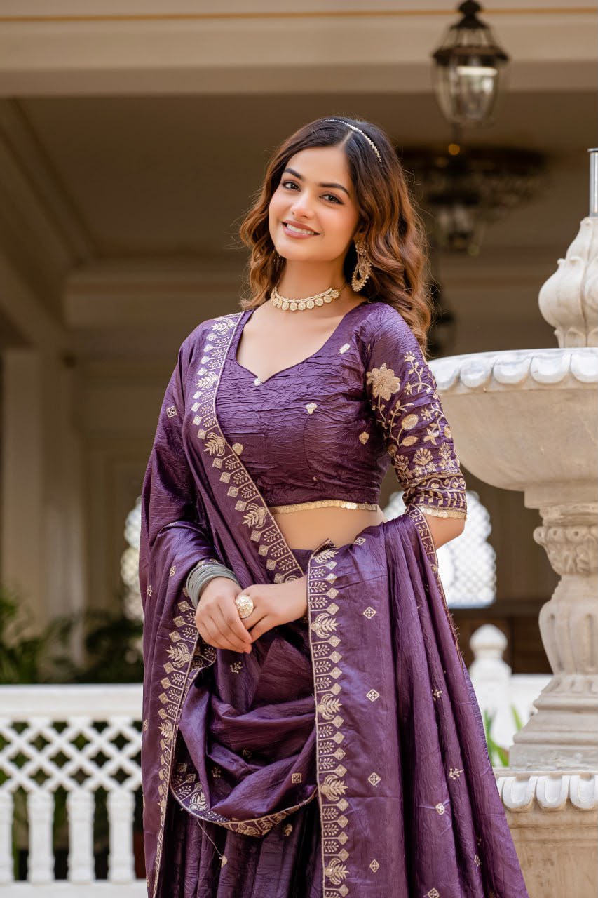 Women’s Gold Crush Lehenga Choli Set with Heavy Embroidery & Dupatta SurMira Fashion