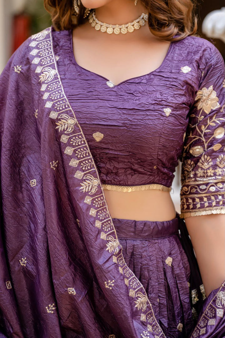 Women’s Gold Crush Lehenga Choli Set with Heavy Embroidery & Dupatta SurMira Fashion