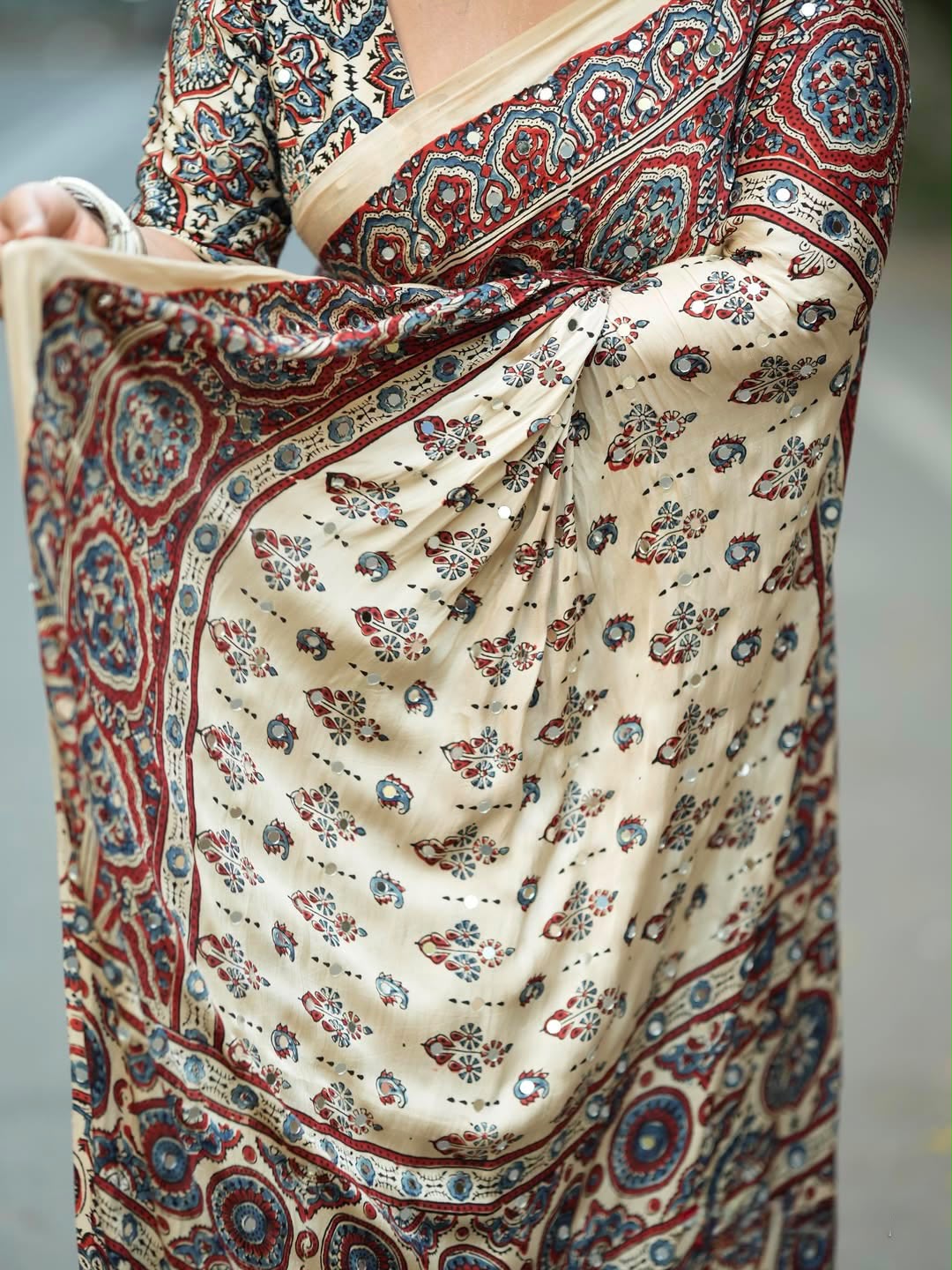 Women’s Semi Modal Silk Ajrakh Print Saree with Real Mirror Work & Tassel Pallu SurMira Fashion
