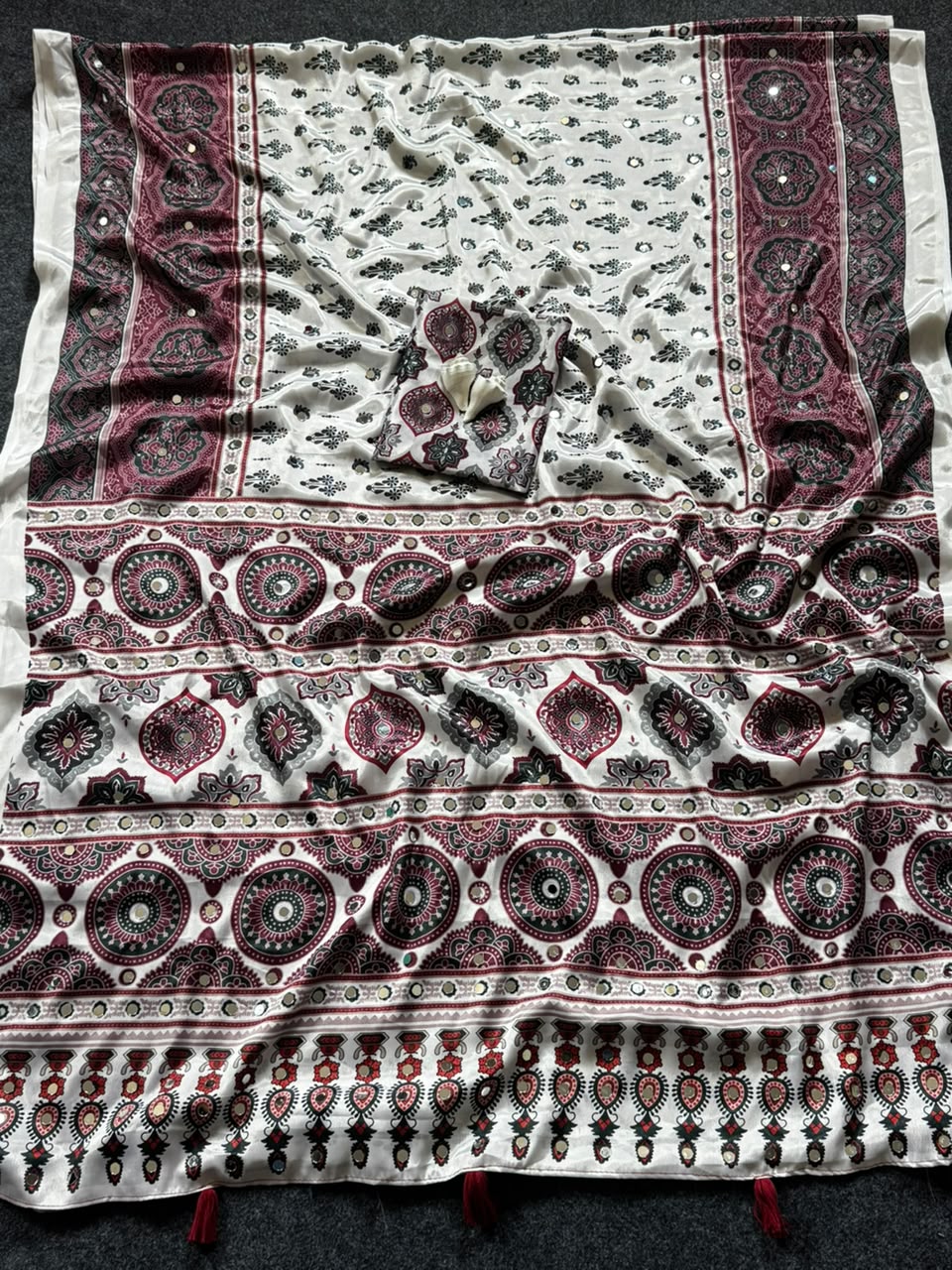 Women’s Semi Modal Silk Ajrakh Print Saree with Real Mirror Work & Tassel Pallu SurMira Fashion