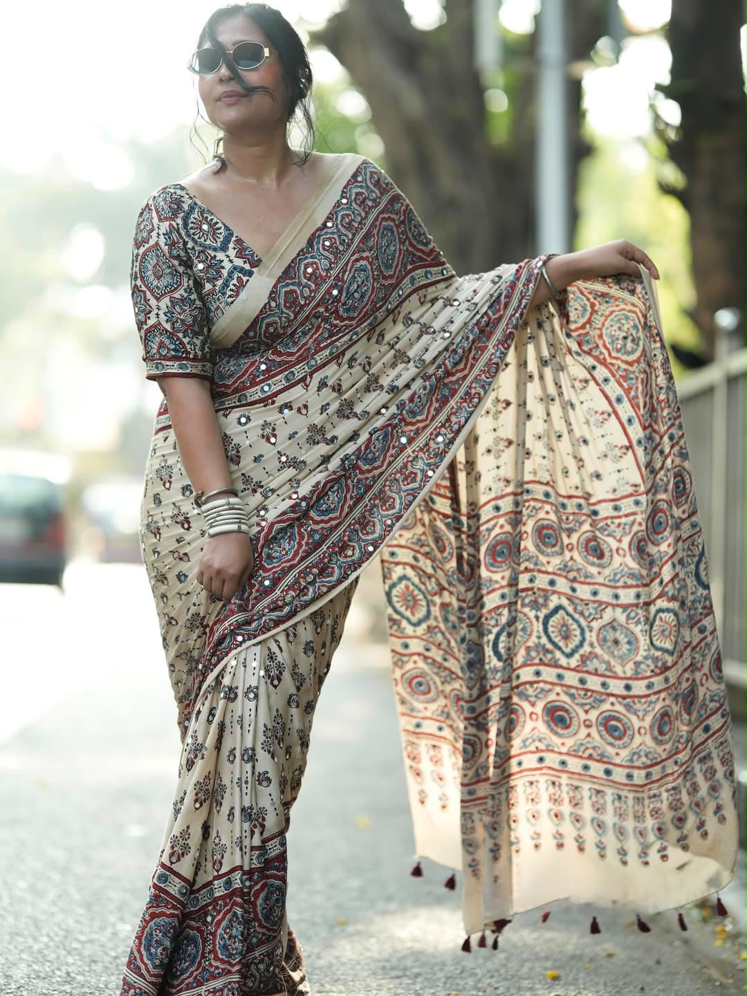 Women’s Semi Modal Silk Ajrakh Print Saree with Real Mirror Work & Tassel Pallu SurMira Fashion