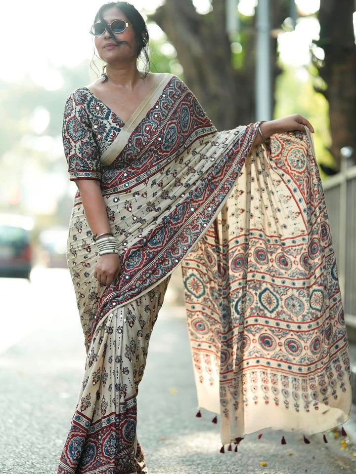 Women’s Semi Modal Silk Ajrakh Print Saree with Real Mirror Work & Tassel Pallu SurMira Fashion
