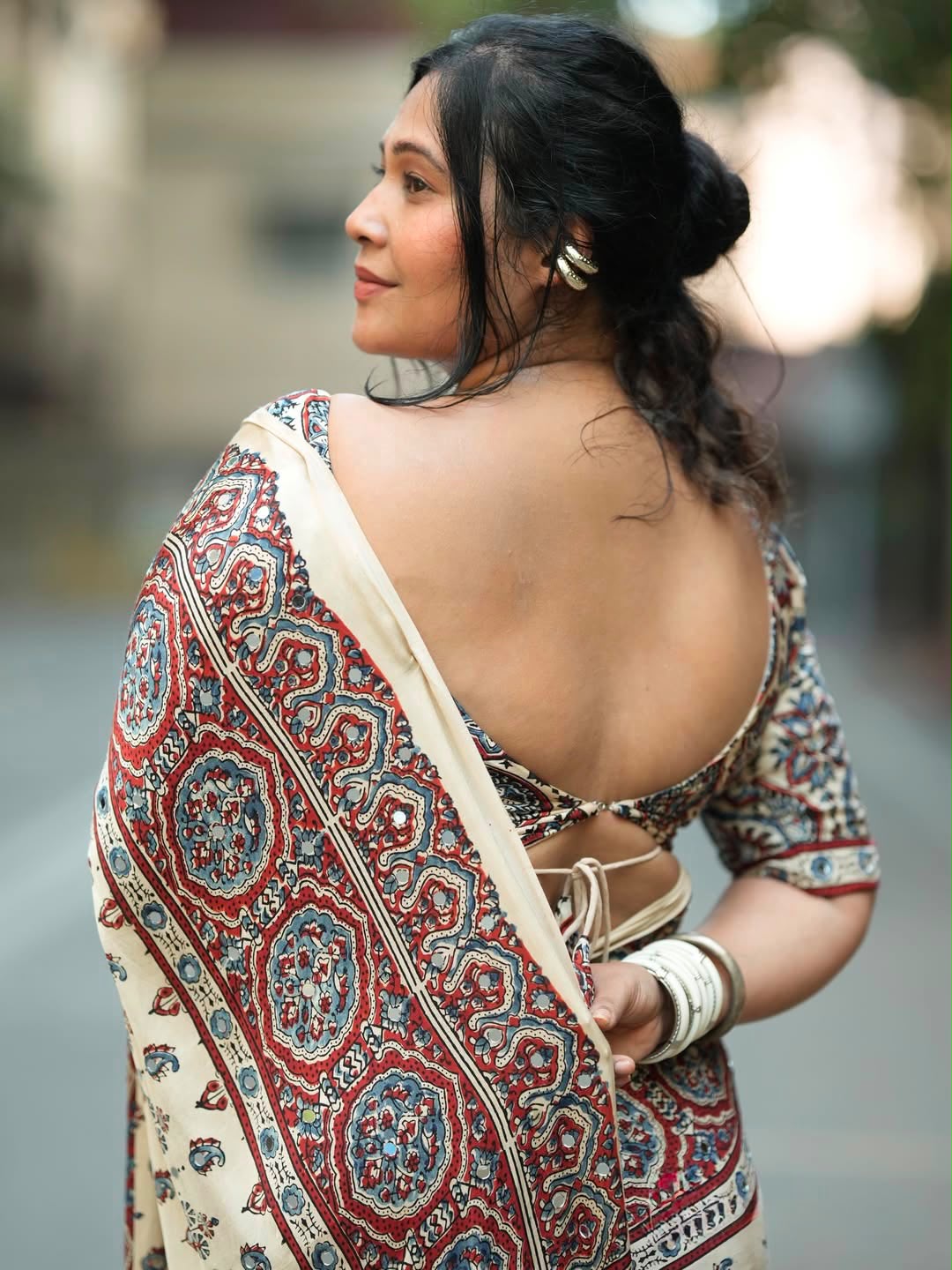 Women’s Semi Modal Silk Ajrakh Print Saree with Real Mirror Work & Tassel Pallu SurMira Fashion