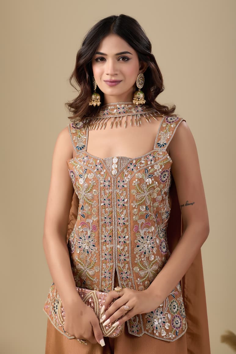 Women’s Pure Viscose Chinon Kurti Pant Set with Full Sequence Cording Embroidery SurMira Fashion