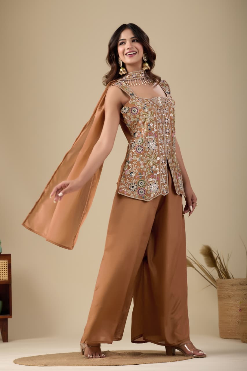 Women’s Pure Viscose Chinon Kurti Pant Set with Full Sequence Cording Embroidery SurMira Fashion