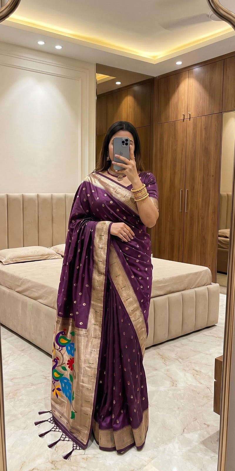 Women’s Organza Silk Paithani Style Saree with Woven Butti & Peacock Pallu SurMira Fashion