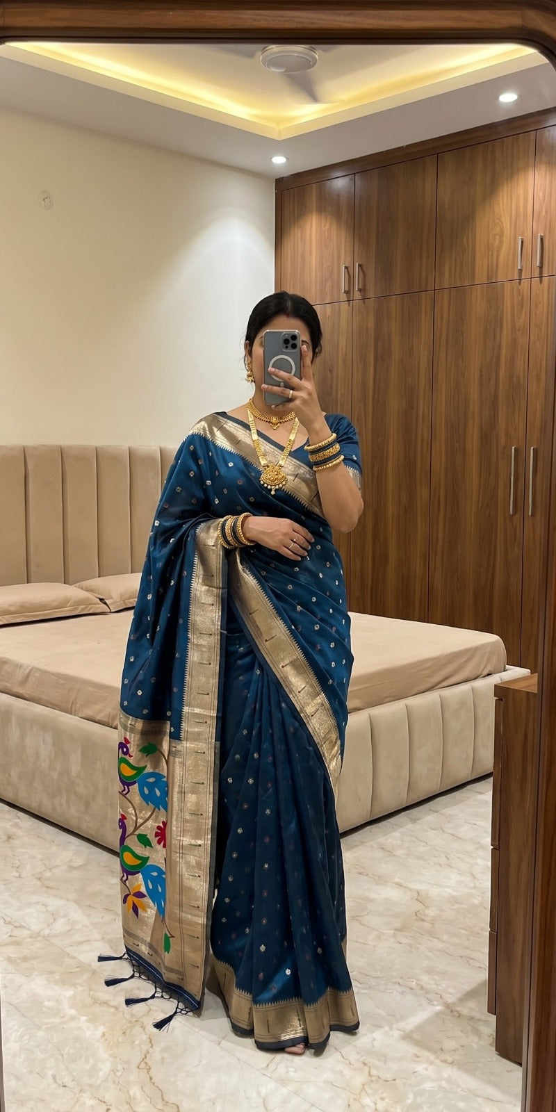 Women’s Organza Silk Paithani Style Saree with Woven Butti & Peacock Pallu SurMira Fashion