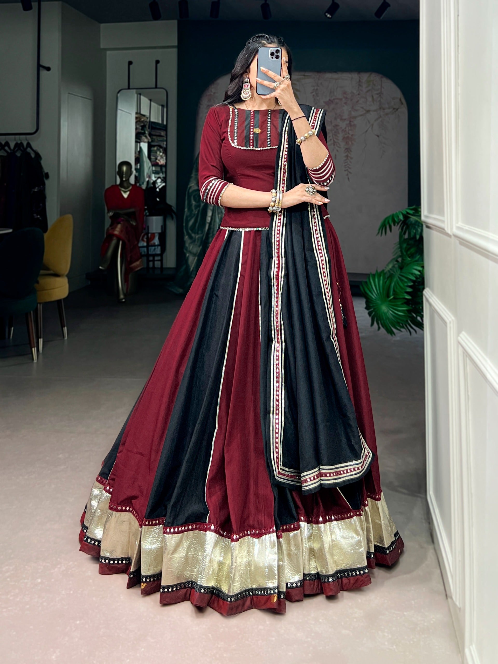Women’s Chinon Lehenga Choli Set with Real Mirror Lace & Embossed Designer Lace SurMira Fashion