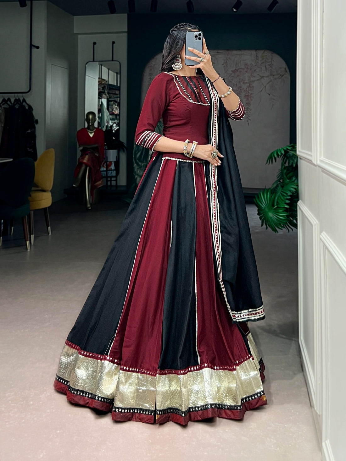 Women’s Chinon Lehenga Choli Set with Real Mirror Lace & Embossed Designer Lace SurMira Fashion