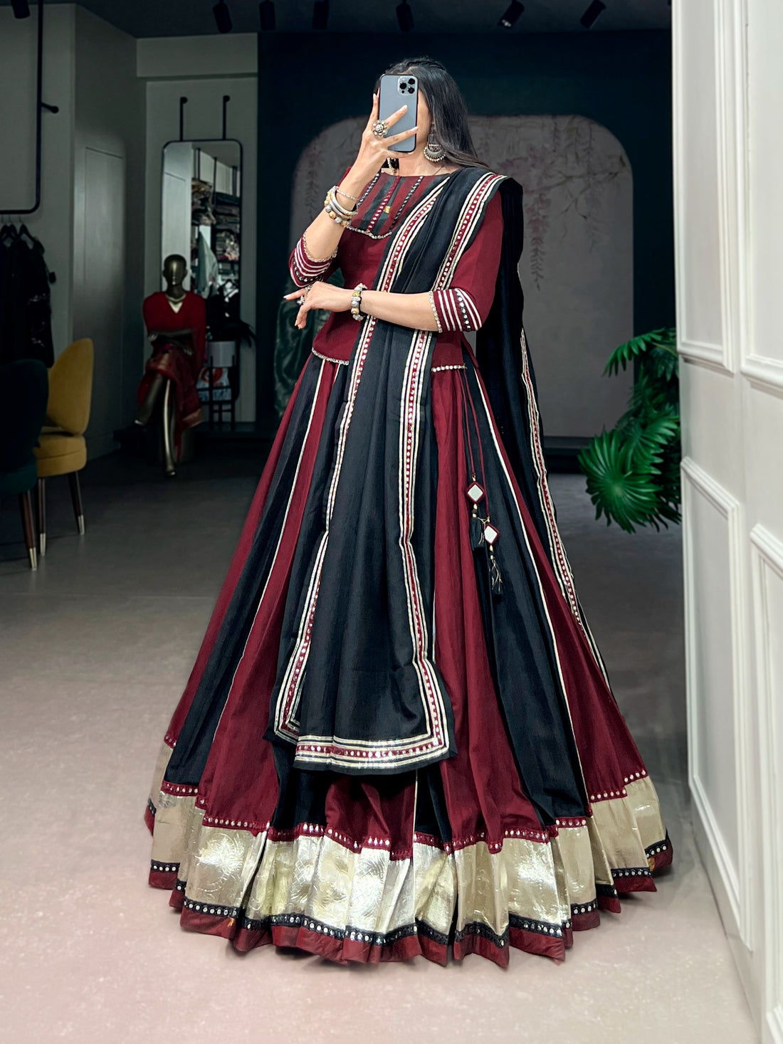 Women’s Chinon Lehenga Choli Set with Real Mirror Lace & Embossed Designer Lace SurMira Fashion