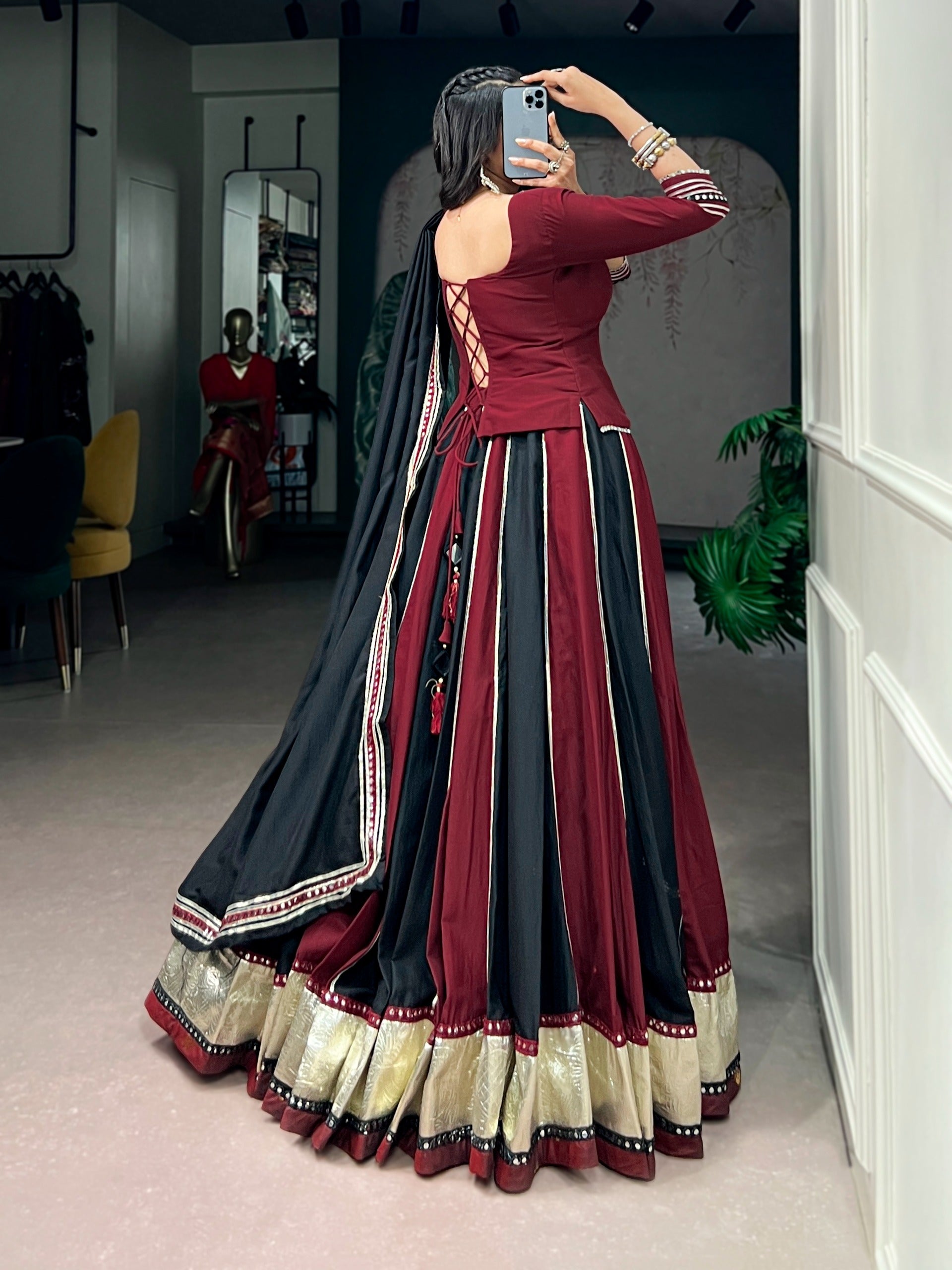 Women’s Chinon Lehenga Choli Set with Real Mirror Lace & Embossed Designer Lace SurMira Fashion