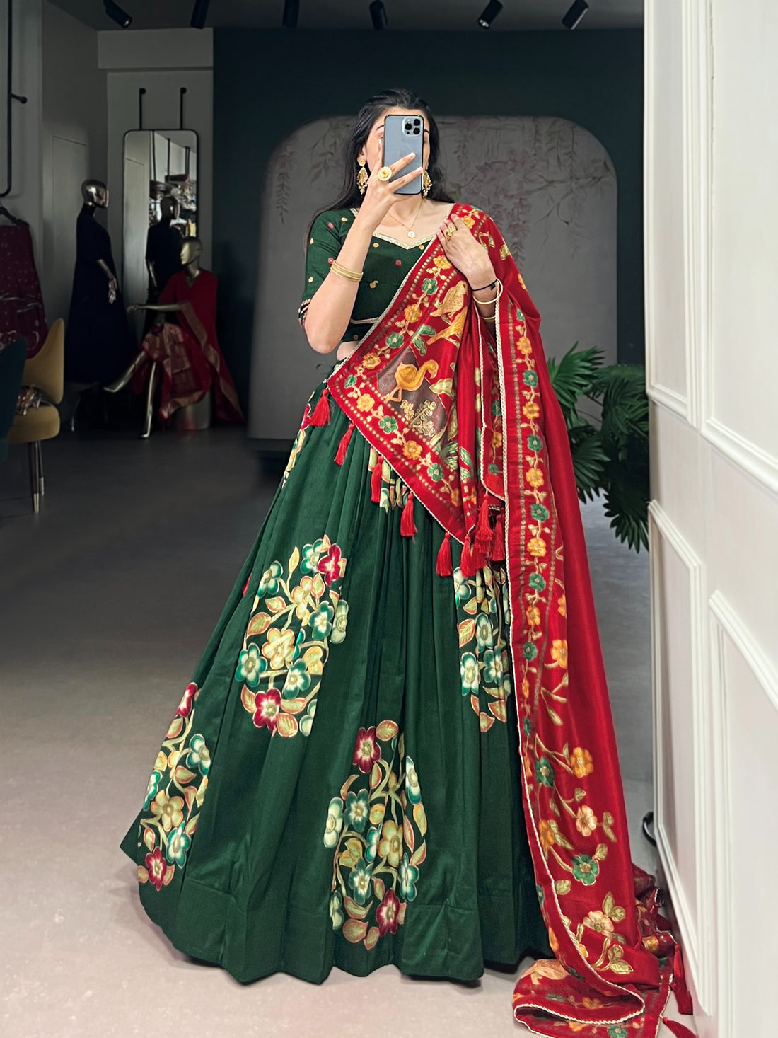 Women’s Tasar Silk Lehenga Choli Set with Foil Print & Gotta Patti Dupatta SurMira Fashion