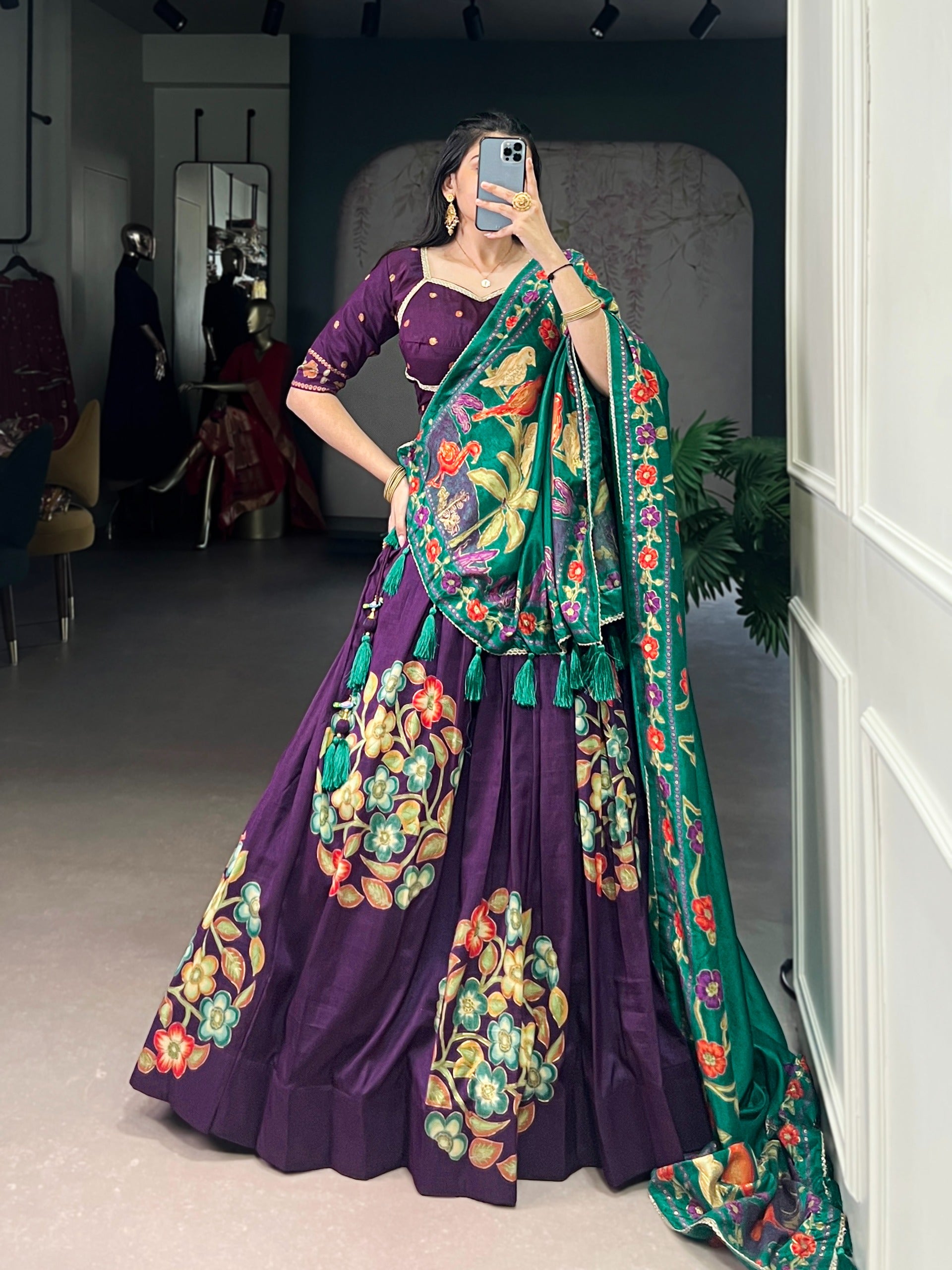 Women’s Tasar Silk Lehenga Choli Set with Foil Print & Gotta Patti Dupatta SurMira Fashion