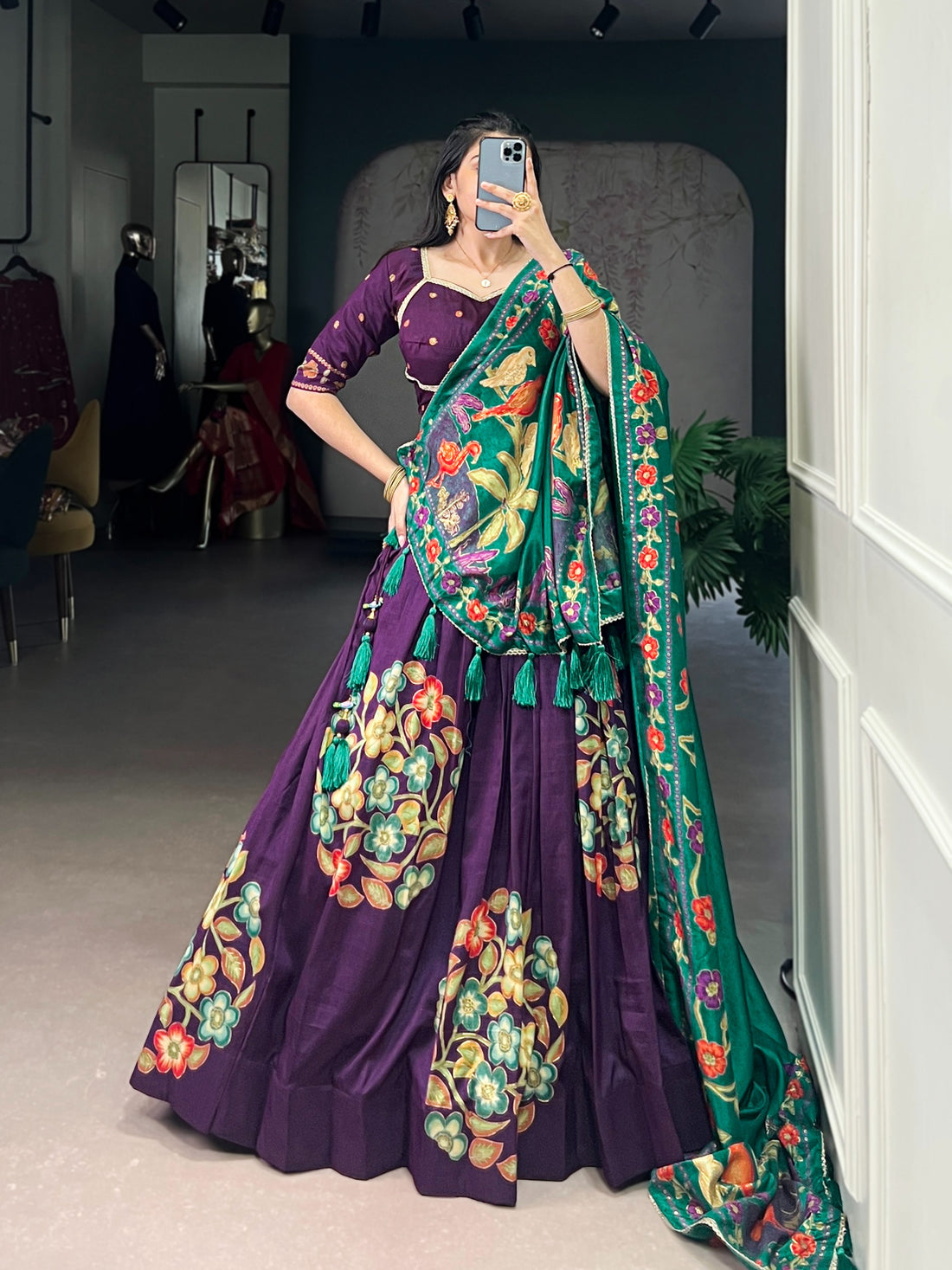 Women’s Tasar Silk Lehenga Choli Set with Foil Print & Gotta Patti Dupatta SurMira Fashion