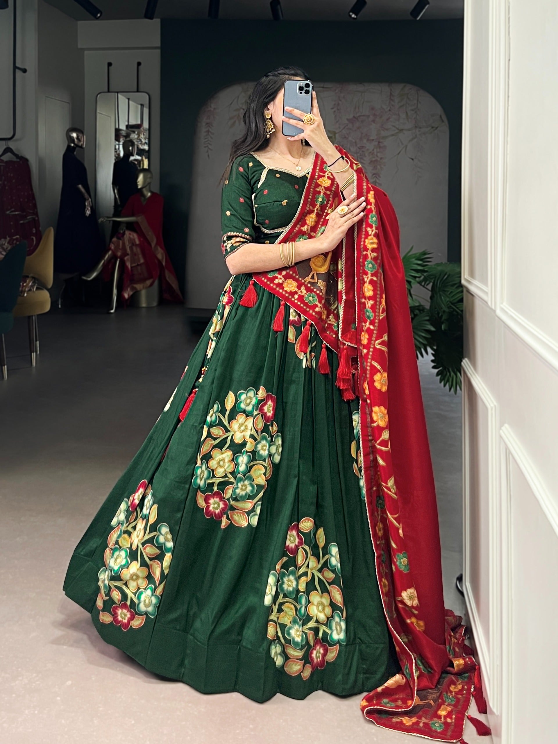 Women’s Tasar Silk Lehenga Choli Set with Foil Print & Gotta Patti Dupatta SurMira Fashion