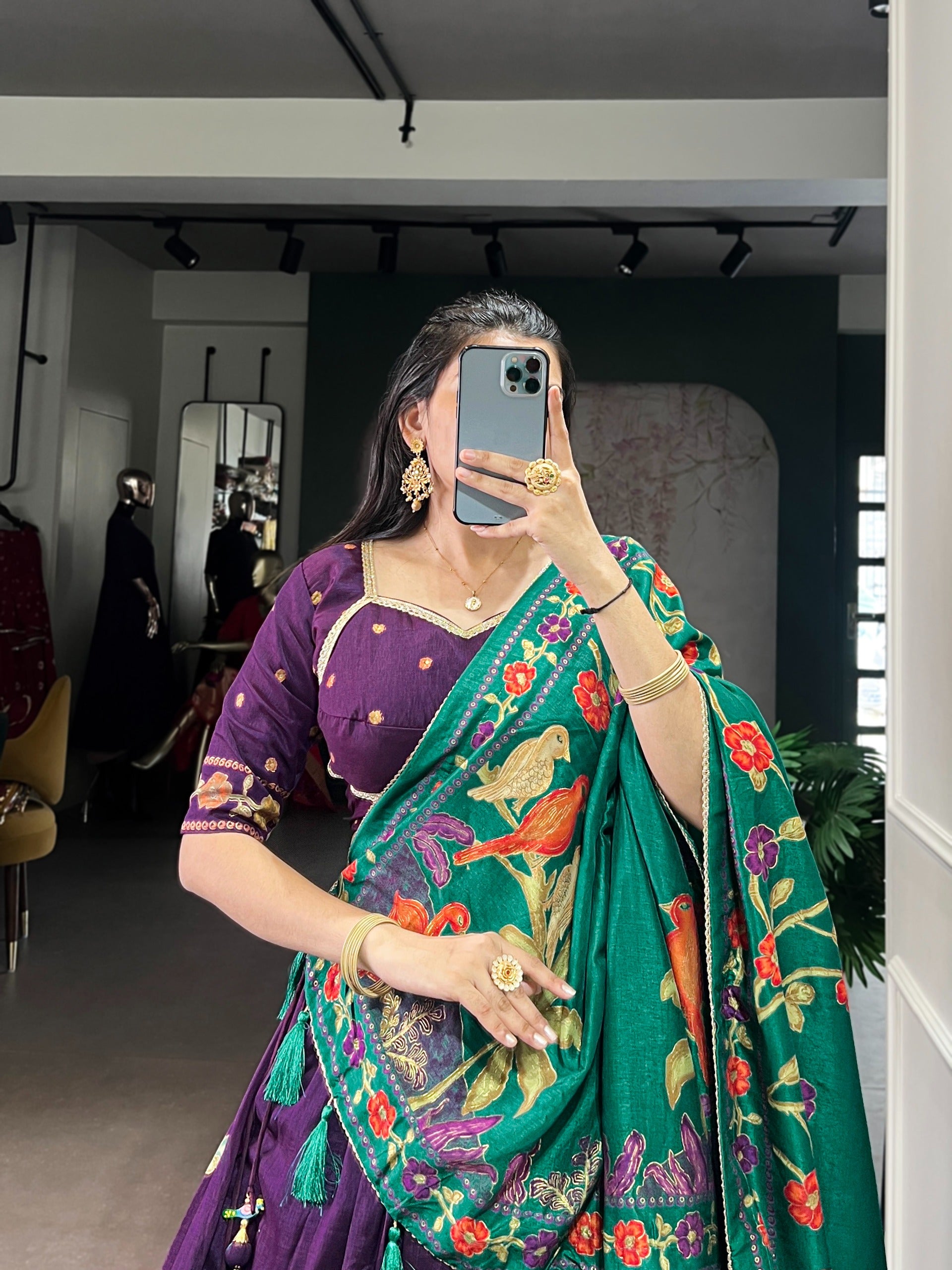 Women’s Tasar Silk Lehenga Choli Set with Foil Print & Gotta Patti Dupatta SurMira Fashion